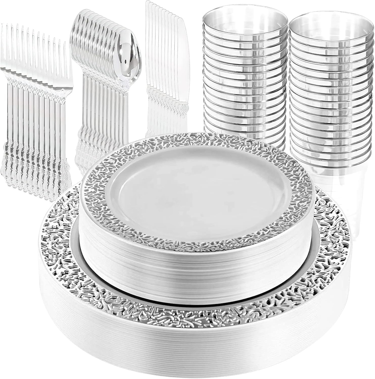 Detalle de Mdtrade WT-00366 150-Piece Silver Plastic Dinnerware Set, BPA-Free