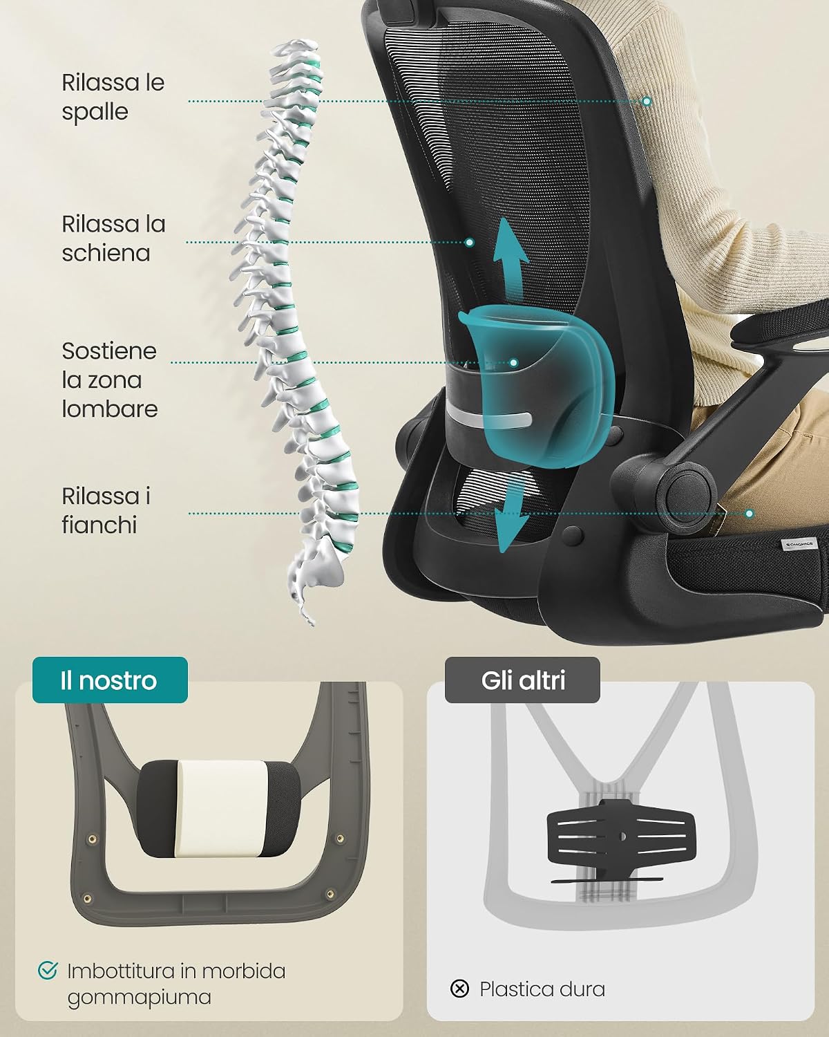 Thumbnail 6 de SONGMICS OBN37BK Sedia da ufficio ergonomica con seduta 53 cm
