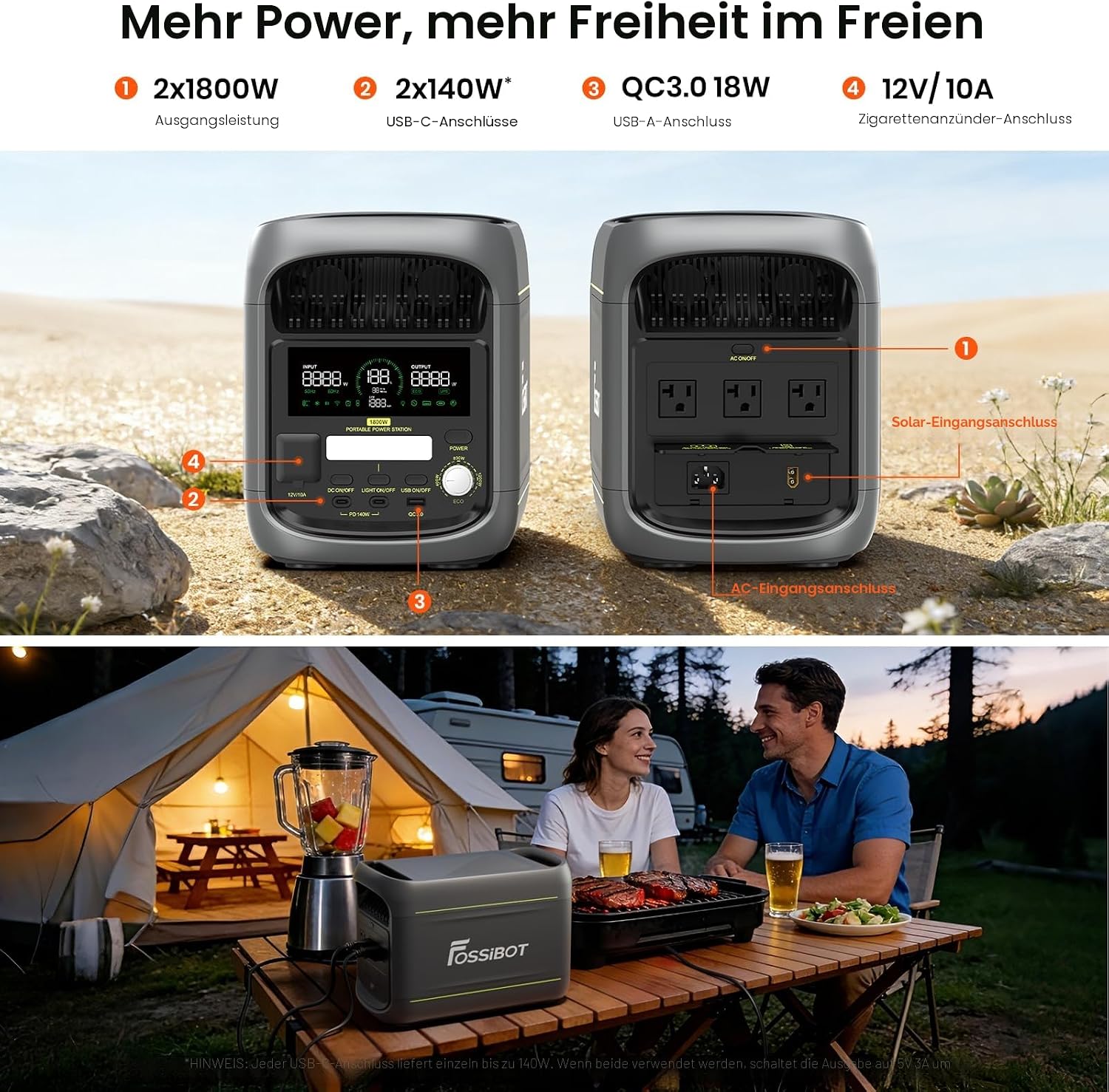Detalle 2 de FOSSiBOT F1800 Tragbare Powerstation – 1800W, 1024Wh LiFePO4, Schnelllade- und Solarbetrieb