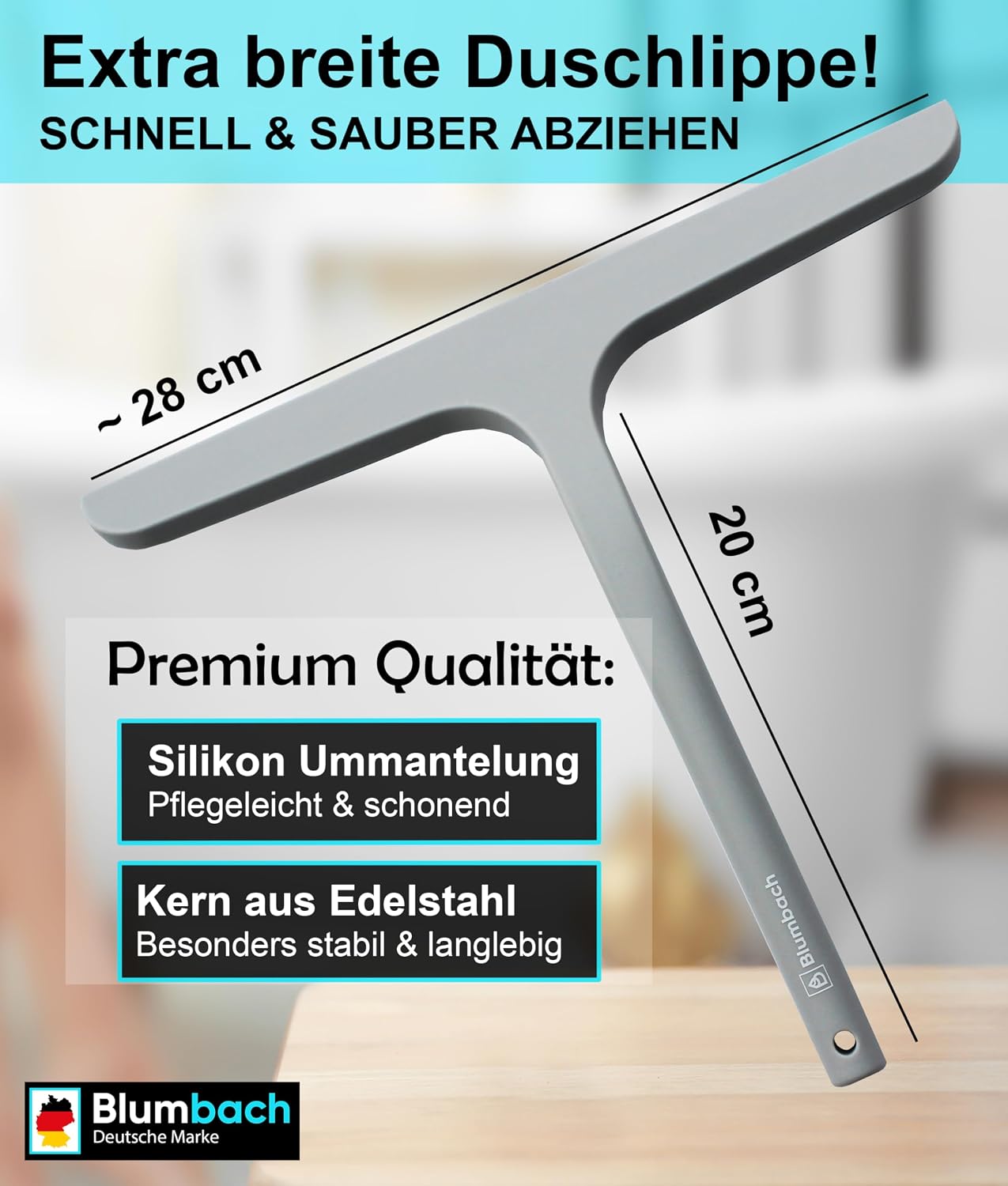 Detalle de BLUMBACH® Duschkabinenabzieher grau – 28 cm Glasabzieher mit Halterung und Silikonlippe