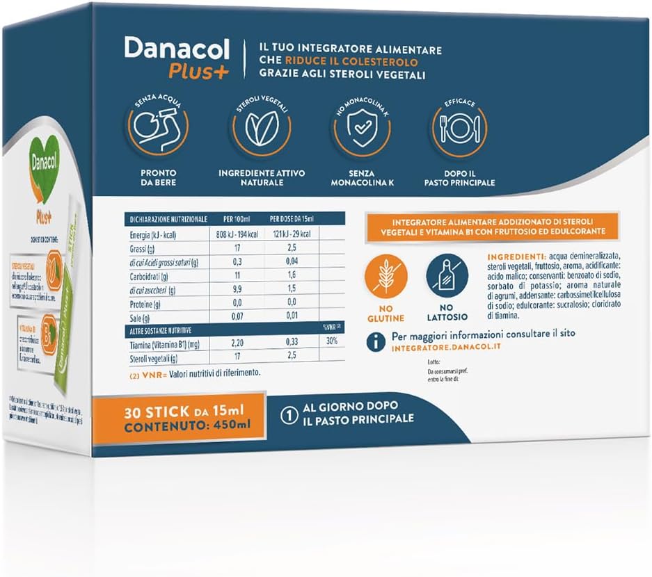 Detalle de Danacol Plus + Integratore Alimentare – 30 stick da 15 ml per ridurre il colesterolo