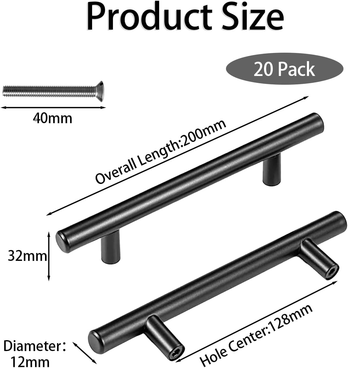 Thumbnail 1 de 20 Pack Black Stainless Steel T-Bar Handles for Kitchen Cabinets, 128mm Hole Centre