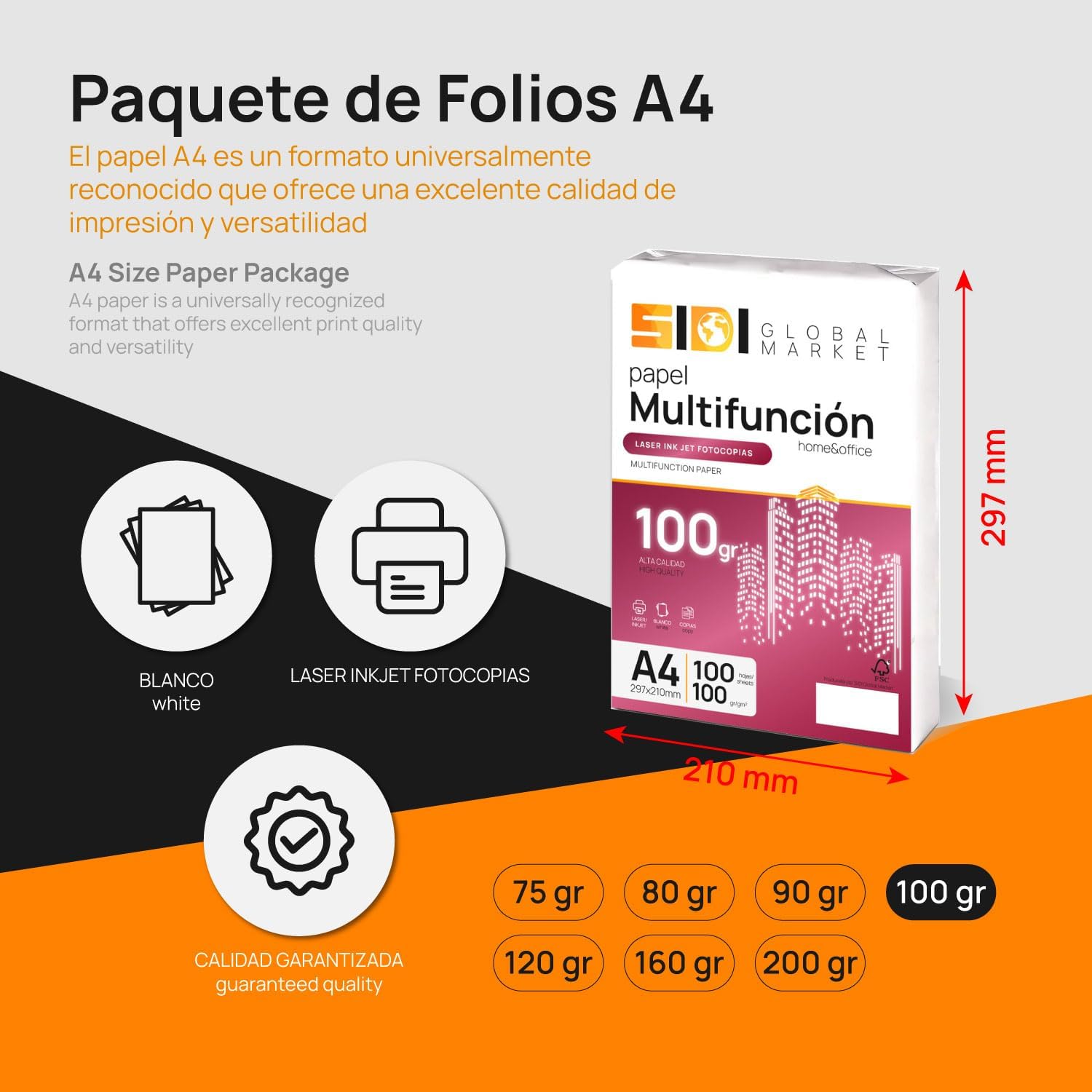 Thumbnail 1 de Carta A4 SIDI 100 g, fogli per stampa e uso multiuso – confezione da 200