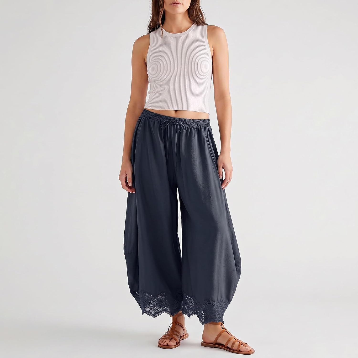 Detalle de SeeLuNa Comfy Women's Cropped Lace Hem Wide-Leg Pants