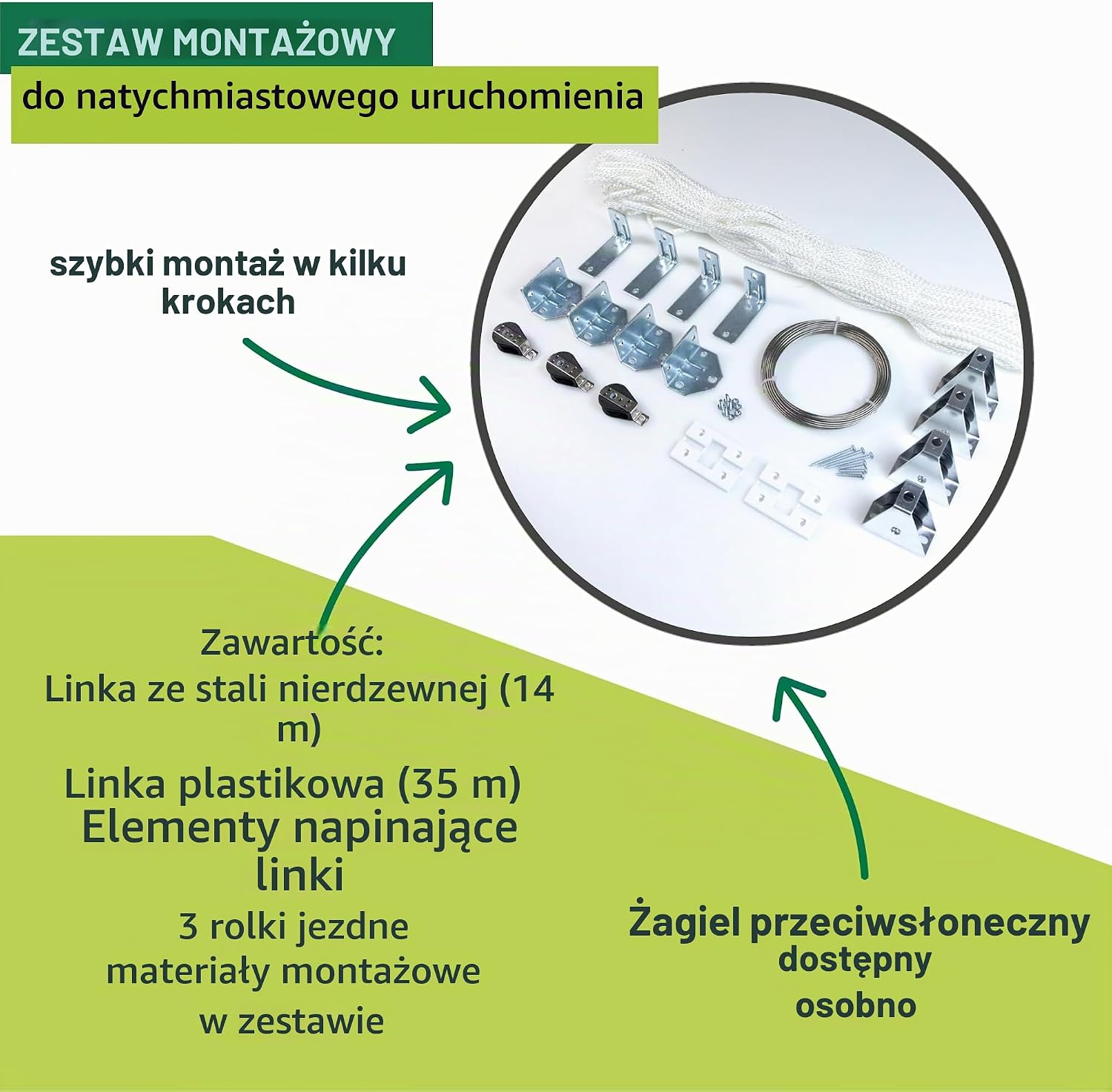 Detalle de Windhager zestaw mocujący do żagli przeciwsłonecznych, system linowy do 7 x 2,7 m