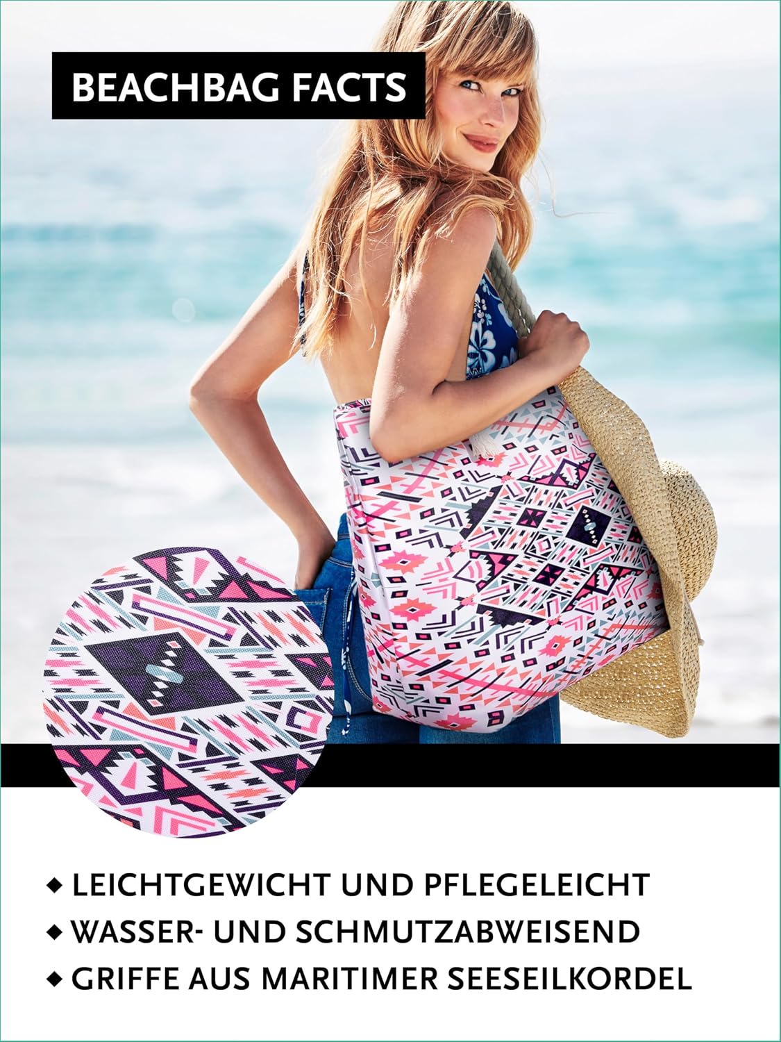 Detalle 2 de DonDon Strandtasche XXL mit Reißverschluss – große Beach bag & Shopper Tasche Damen inkl. Mini-Tasche