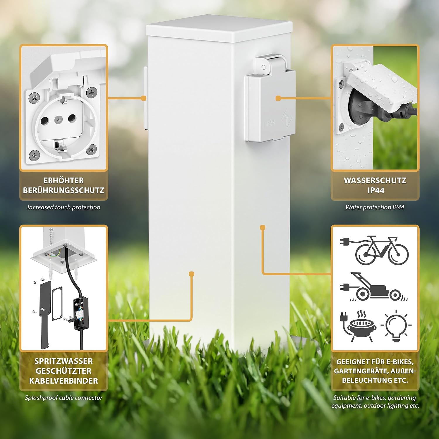 Detalle de Colonnina POLLY per esterni, 2 prese IP44 in acciaio inox, bianca 27 cm – design compatto per giardino