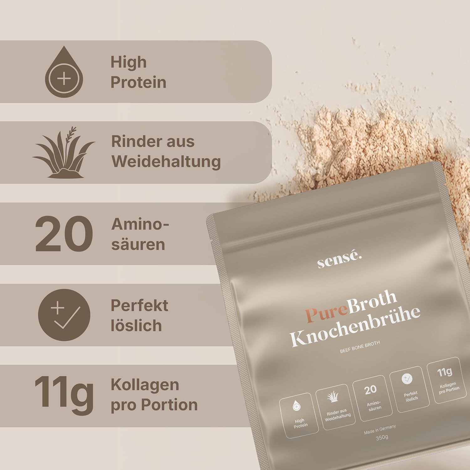 Thumbnail 1 de sensé Knochenbrühe Pulver vom Weiderind – Bioaktiv, 350 g, Kollagen Typ 1, 2 & 3