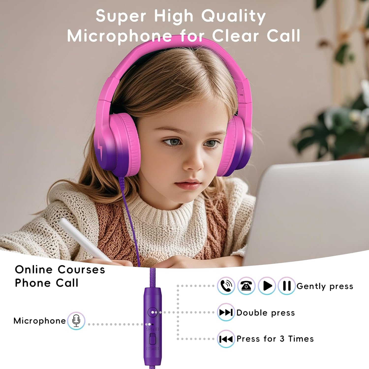 Thumbnail 2 de Candy Bila Kinder-Kopfhörer mit Kabel (85/94 dB) und HD-Mikrofon – faltbar, Over-Ear, Lila-Rosa Farbverlauf