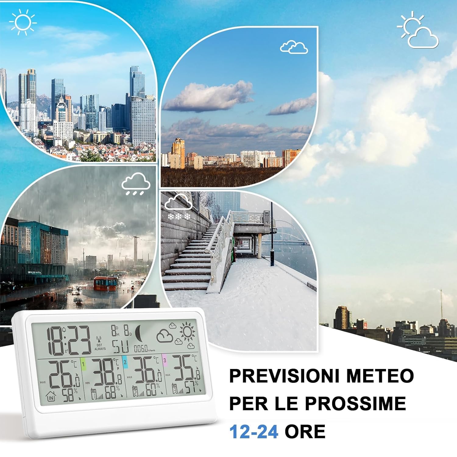 Thumbnail 6 de Stazione Meteo con 3 Sensori Esterno e Display LCD 8,5" – monitoraggio interno/esterno, previsioni e fasi lunari