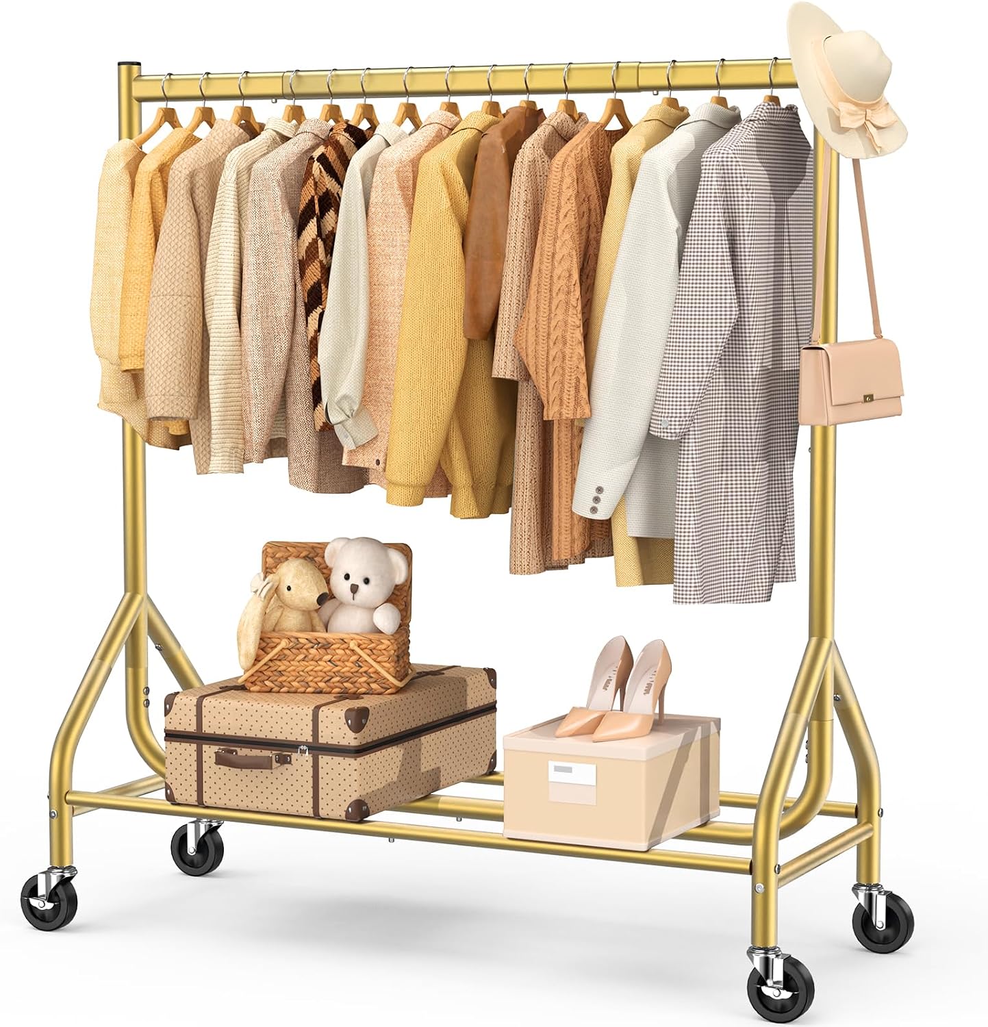 Detalle de EAGMAK UKGRP067 Rolling Metal Clothes Rack, 420 LBS Capacity, Gold