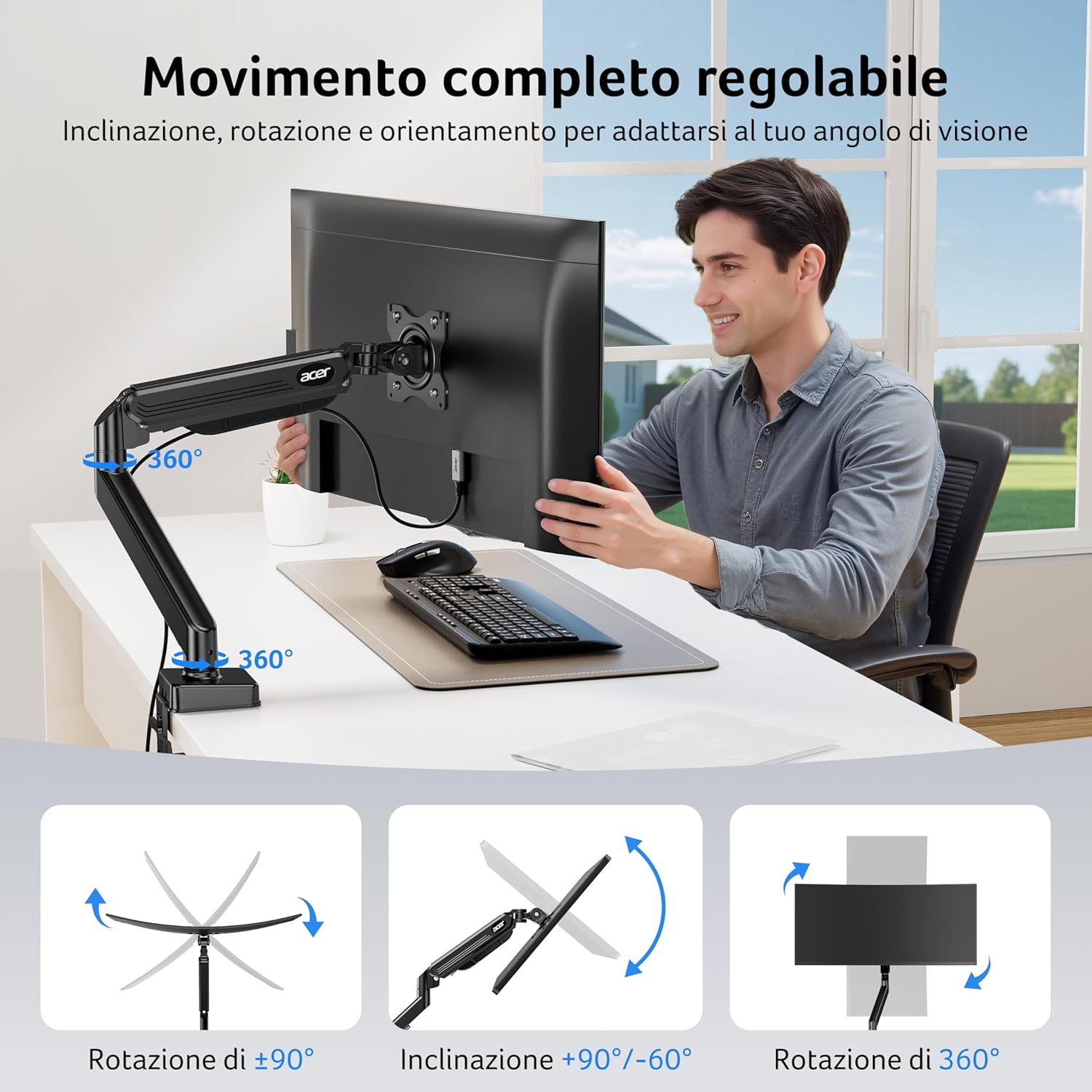 Detalle de Acer Supporto Monitor Schermi Gas: Braccio Regolabile per 17"–34", gestione cavi e montaggio robusto