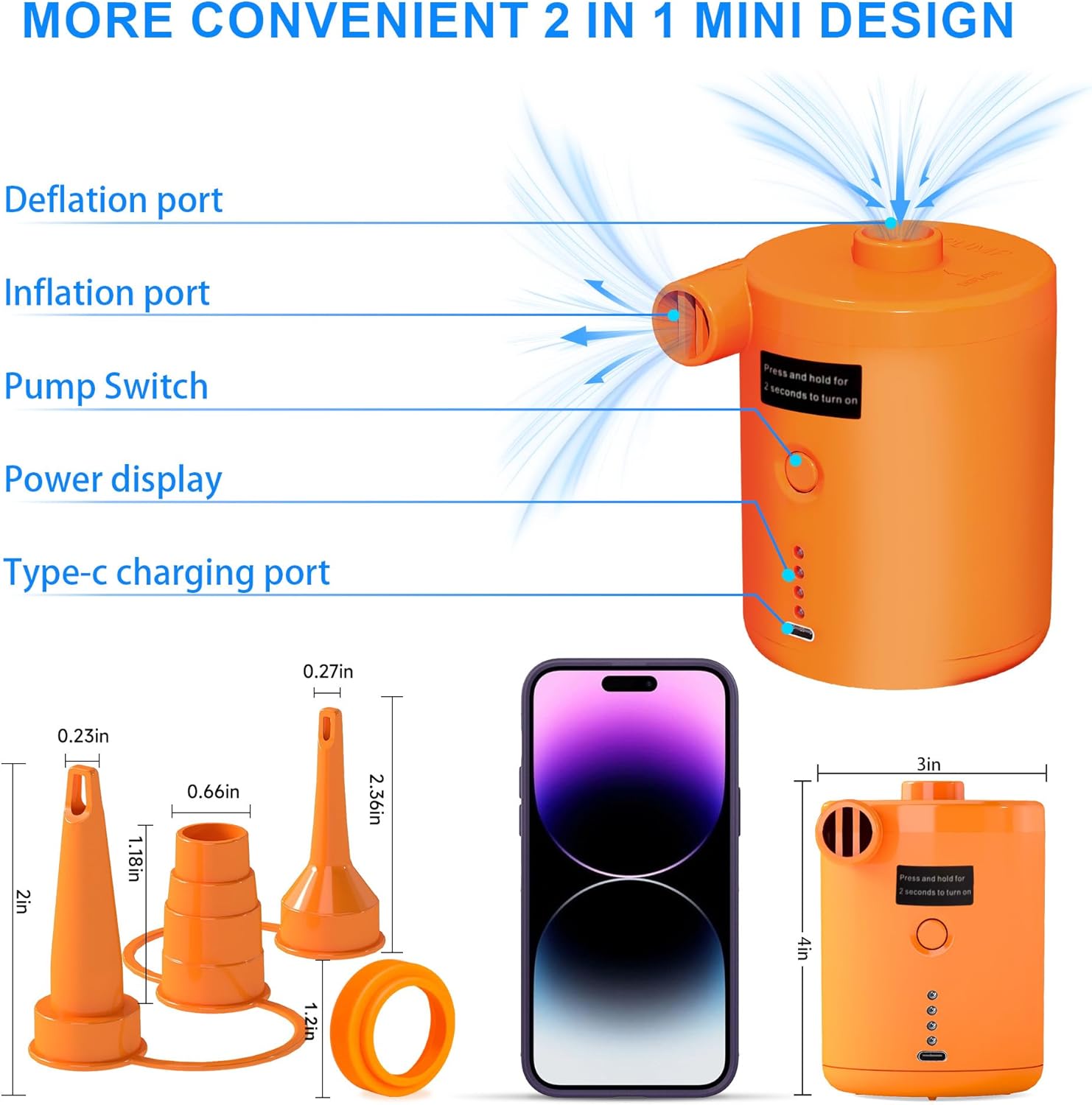 Detalle de Electric Air Pump for Inflatables (4000mAh) – Cordless pump with 3 nozzles for airbeds, paddling pools and more