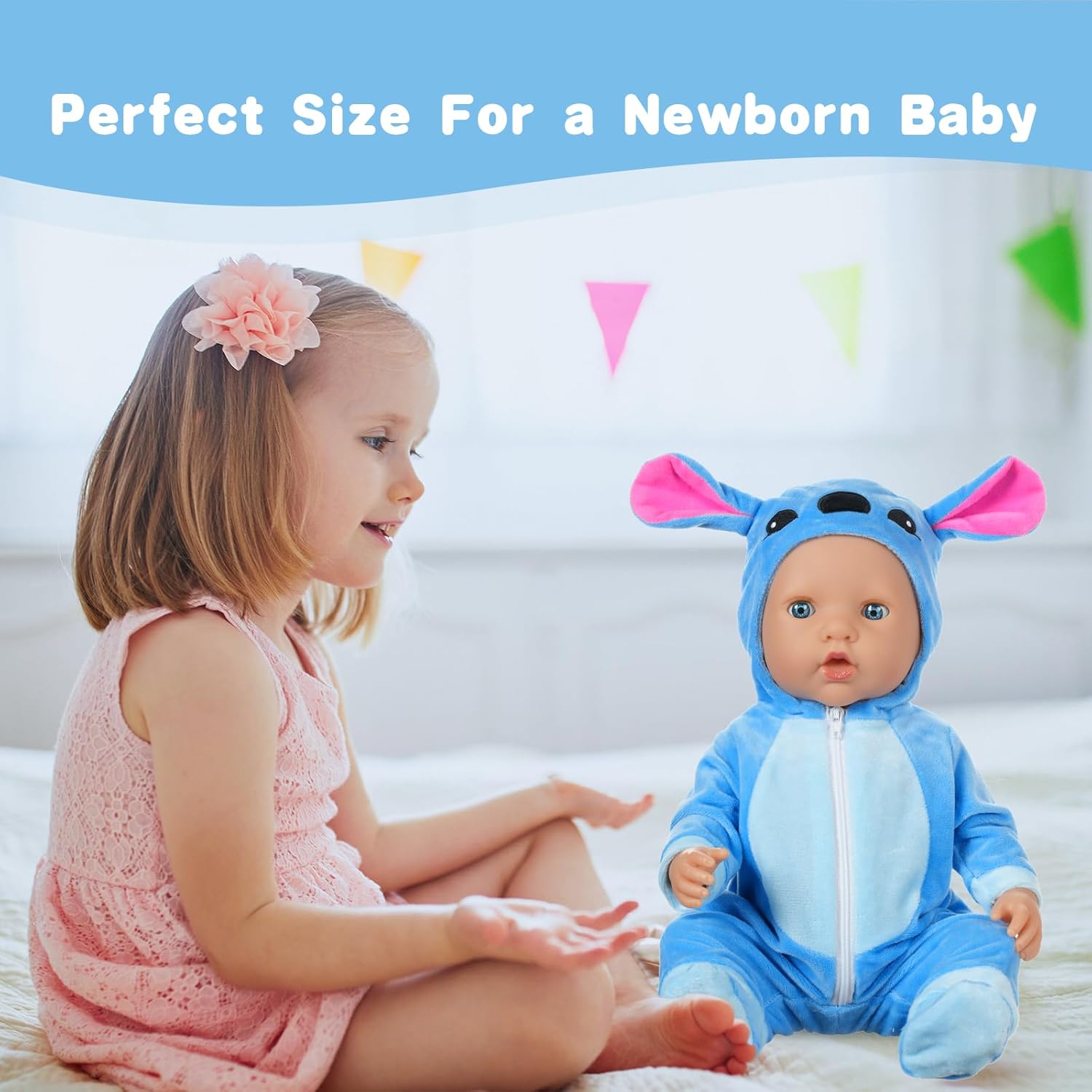 Thumbnail 5 de Aolso vestiti per bambole New Born Baby Doll: pagliaccetto blu con cappello, calzini e gruccia (per bambole 35–45 cm)