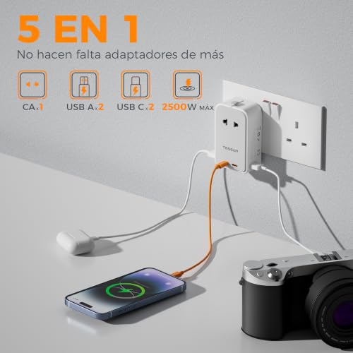 Detalle 2 de TESSAN Adaptador Enchufe Universal Plano con 2 USB A y 2 USB C (Gris)