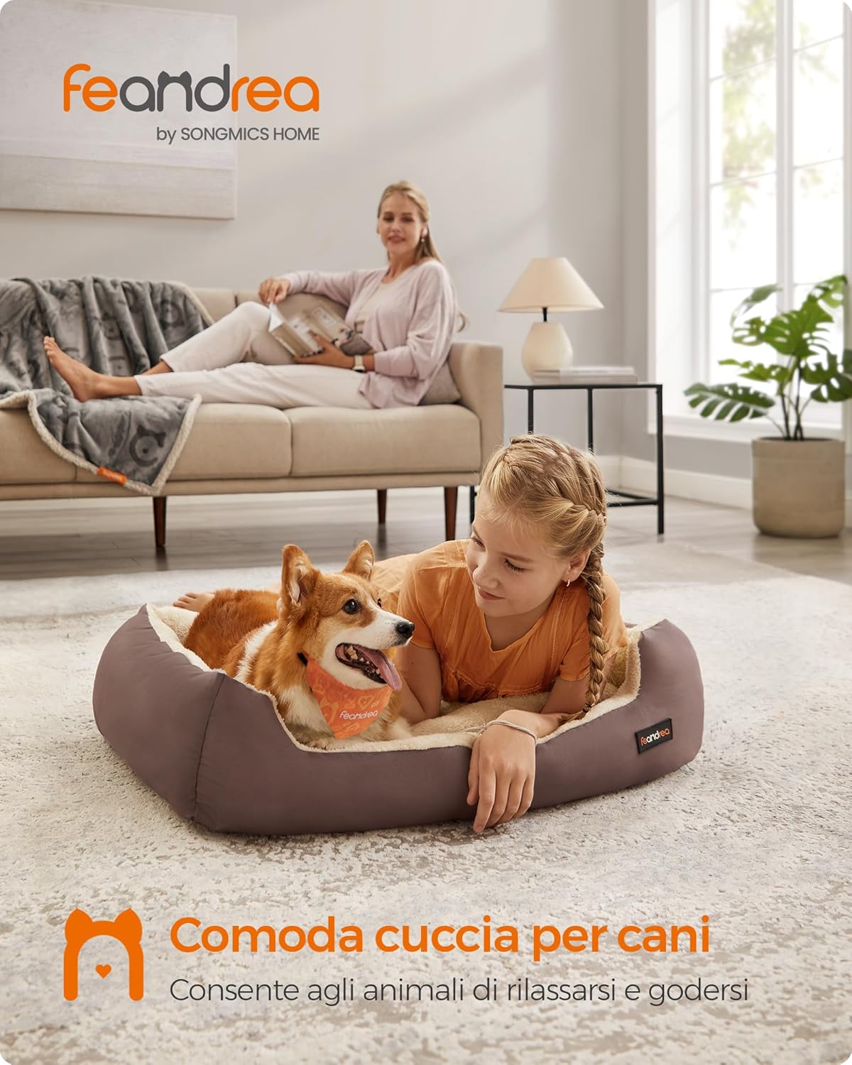 Detalle de Feandrea Cuccia Cane Interno 85x65x21 cm – Tappeto Rimovibile e Bordi Rialzati, Marrone Caffè e Beige Sabbia