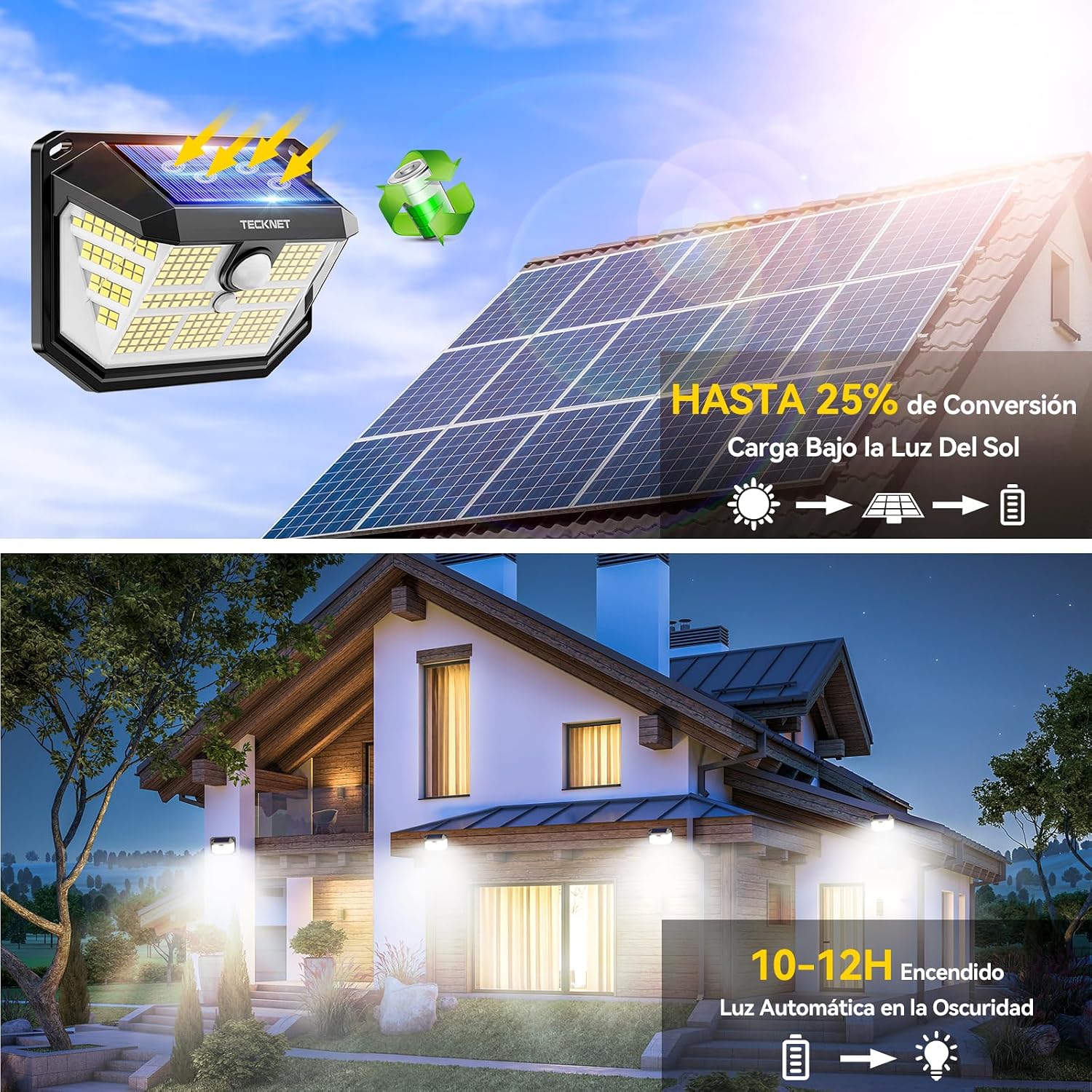 Detalle de TECKNET Luz Solar Exterior con 231 LED, 300° de Iluminación y Sensor de Movimiento (4 Paquetes) | Ideal para Jardín y Garaje