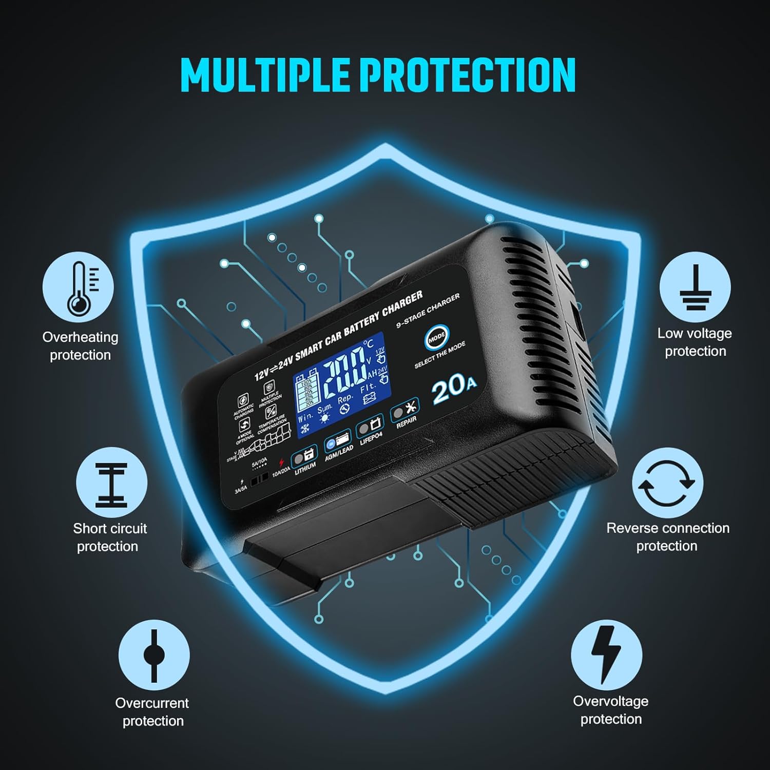 Thumbnail 6 de YHCHKJ 20Amp Smart Car Battery Charger (12/24V) for Lead-Acid, Lithium, and LiFePO4