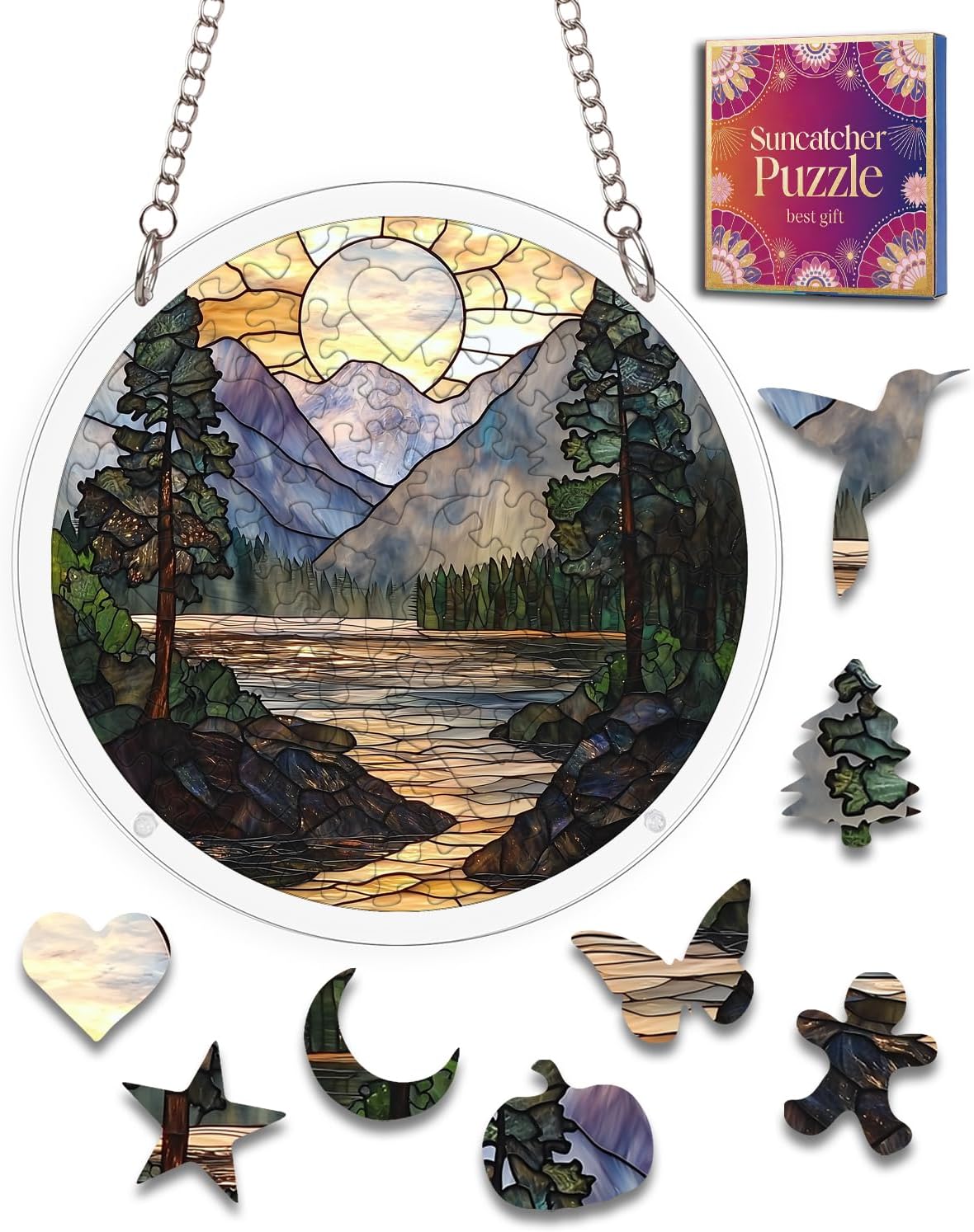 Detalle de HWRHTR 80-Piece Acrylic Suncatcher Puzzle, 12-Inch Sunset Mountains