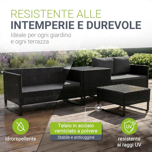 Detalle 2 de Juskys Santorini: Set di mobili da giardino in polyrattan con salotto, tavolino e box protettivo (Nero)