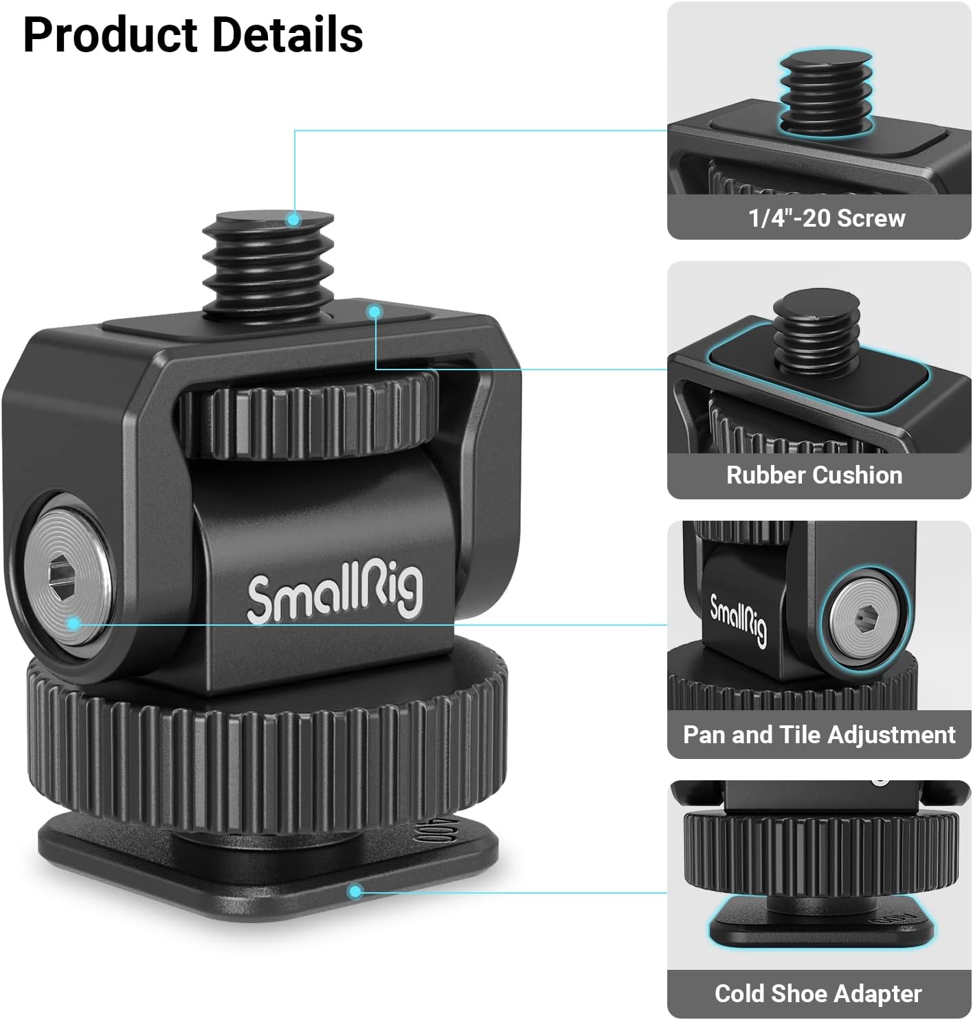 Detalle de SMALLRIG 3577 Mini Ball Head Cold Shoe Mount Adapter (1/4" + Kaltschuh) für Kamera, Käfig, Licht & Mikrofon