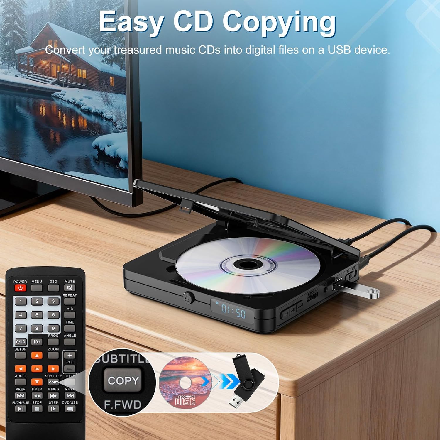 Detalle de Homlab Mini DVD Player for TV – Multi Region, 1080P HDMI, Compact & Remote Included
