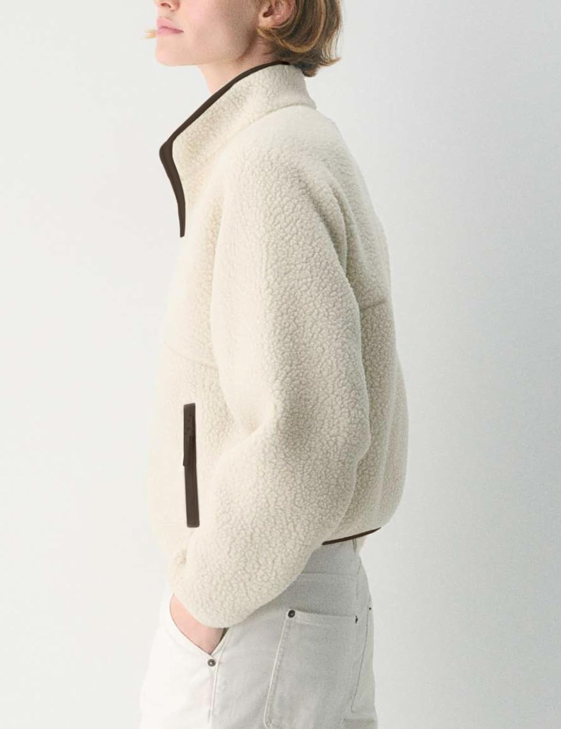 Detalle de Yozazzy Women's Brown Sherpa Fleece Jacket, Full-Zip with Stand Collar and Pockets