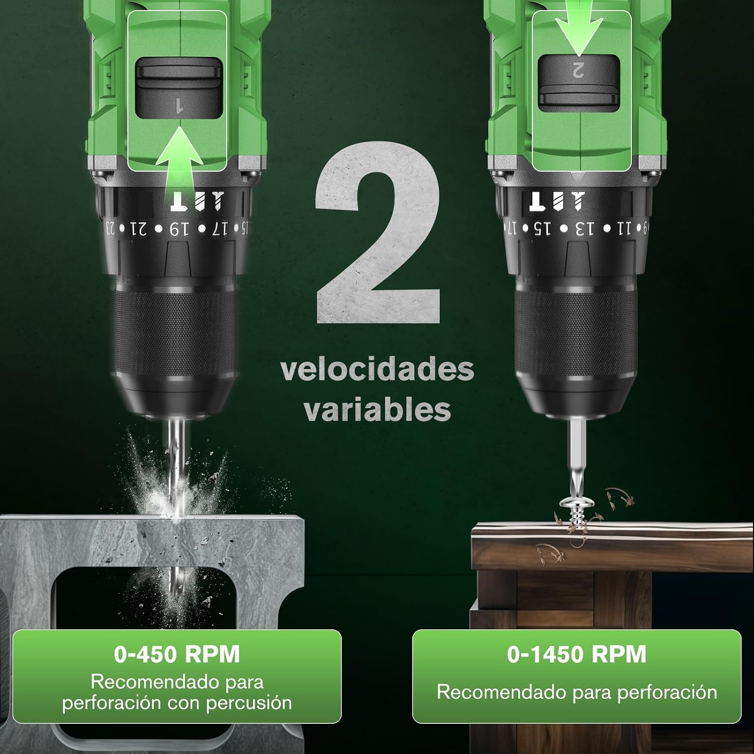 Detalle de Ginour Taladro Percutor a Batería 50 Nm, 21V con 2 Baterías 2Ah y Maletín: versatilidad 3 en 1 para atornillar, taladrar y percutir