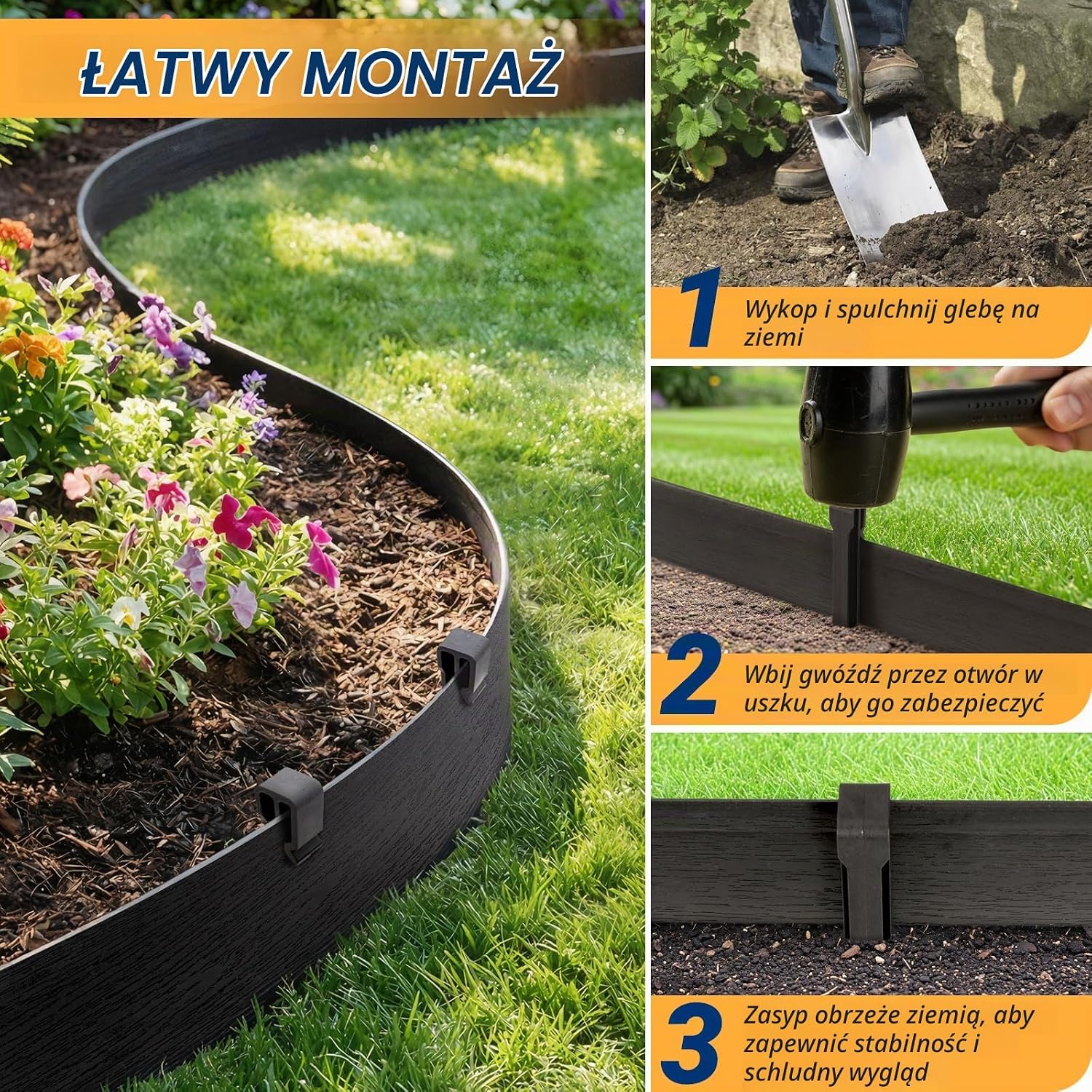 Detalle 2 de Velway elastyczne obrzeże trawnikowe 20 m x 13 cm, 40 kotew, czarne