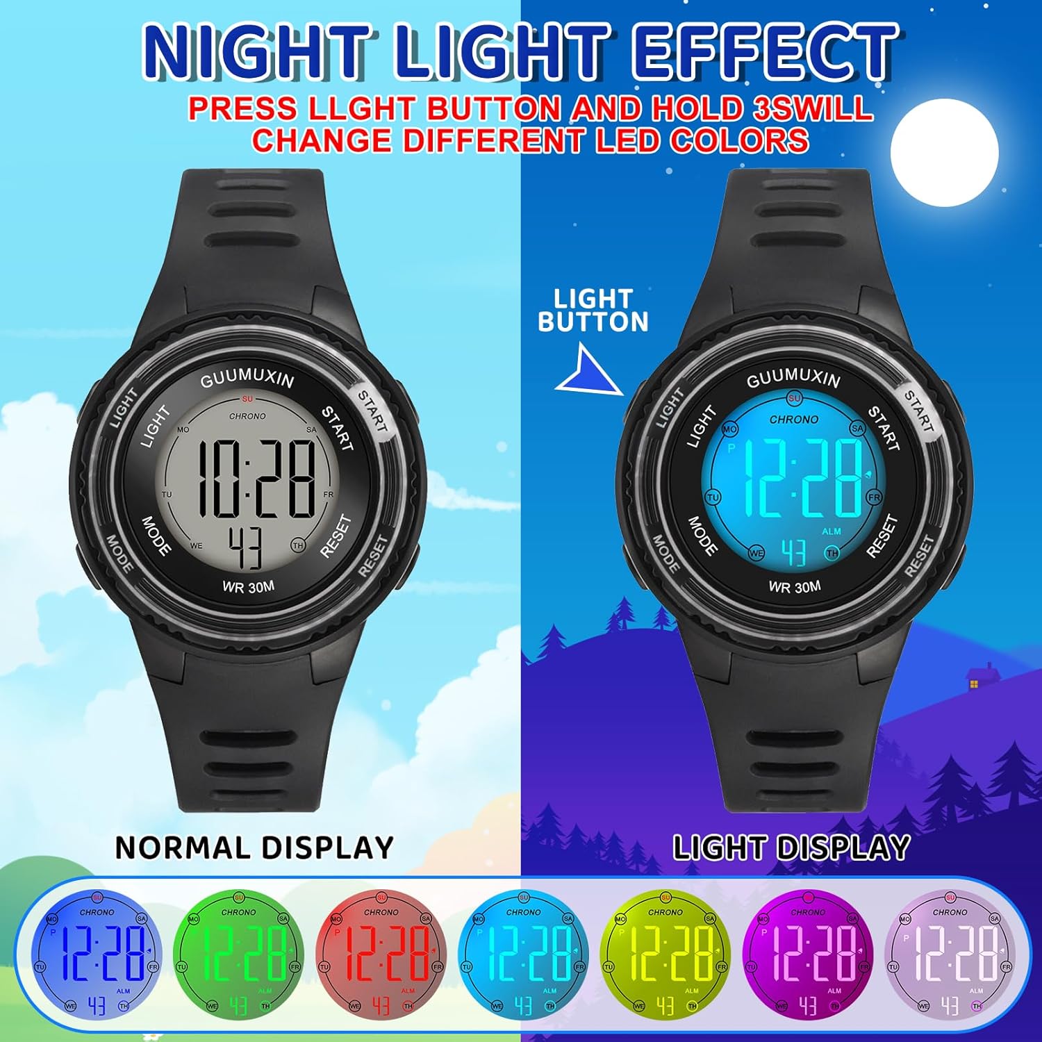 Thumbnail 1 de GUUMUXIN Montre numérique sport enfants 7 couleurs, étanche 3 ATM (6-16 ans)