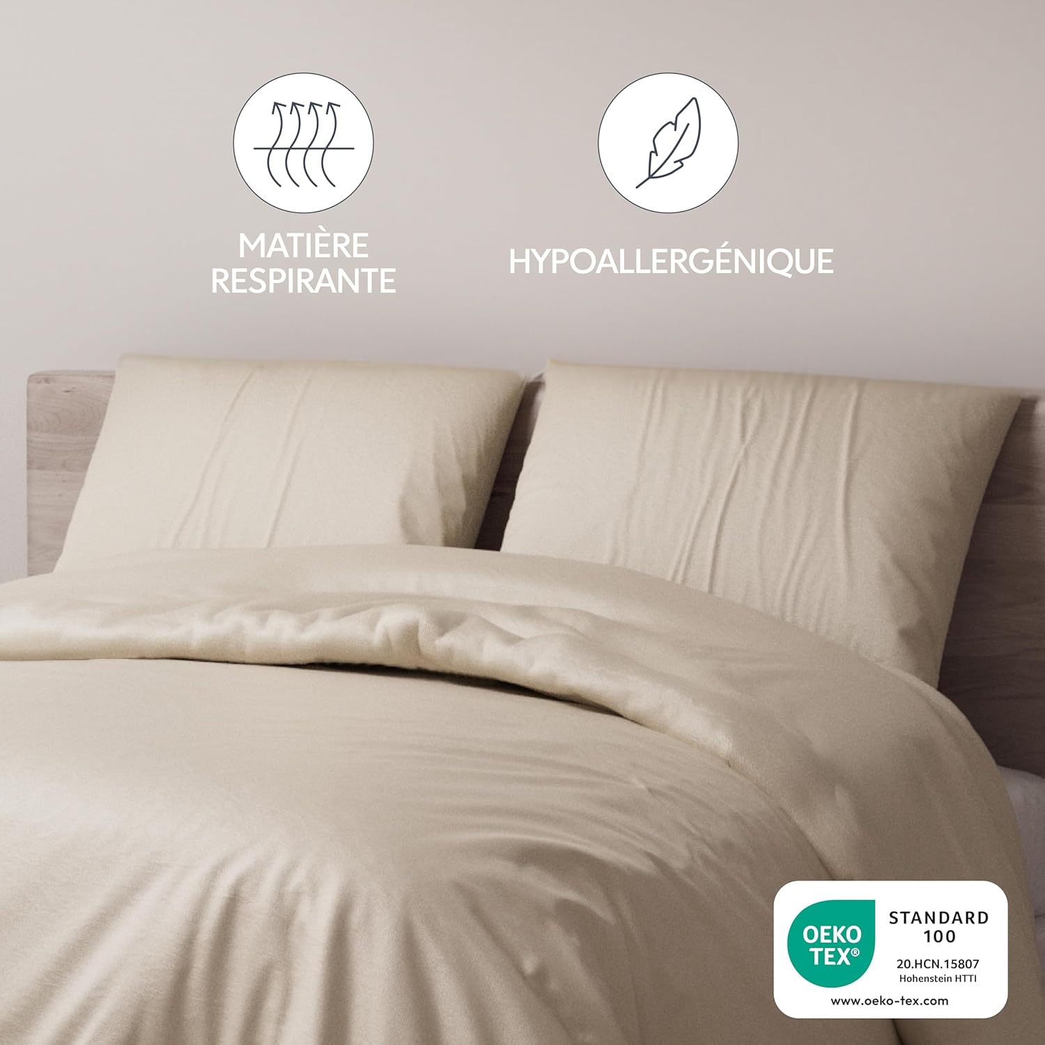 Thumbnail 1 de Dreamzie Taie d’oreiller 65x65 cm en microfibre (lot de 2) beige, fermeture éclair certifiée Oeko-Tex