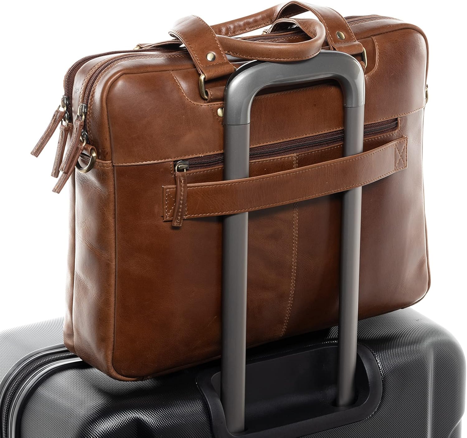 Detalle de SID & VAIN Große Laptoptasche Echt Leder – 15 Zoll, braun, handgefertigt, mit Laptopfach und Trolley-Befestigung