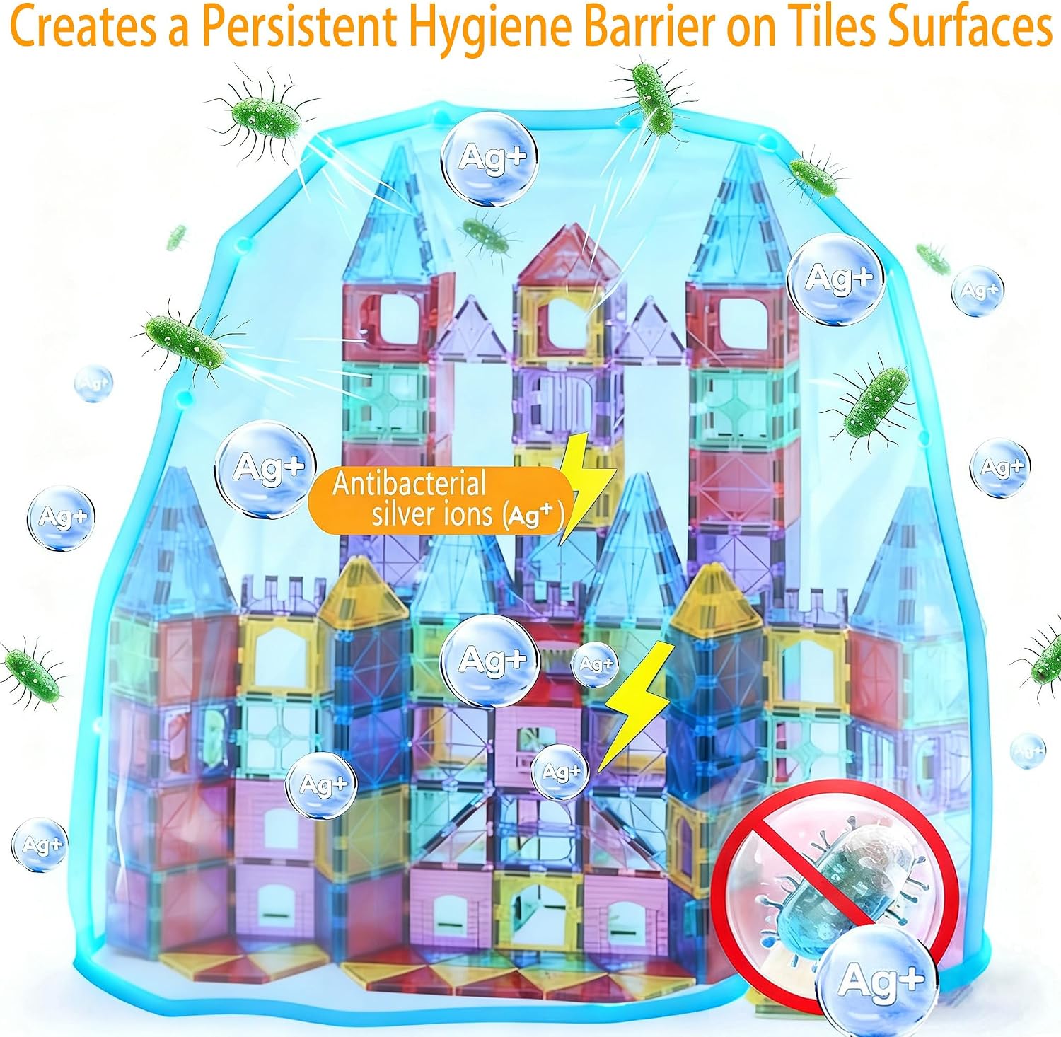 Detalle de HAPPYMATY Upgraded Antibacterial Magnetic Tiles (106 PCS) with 2 Cars for Kids