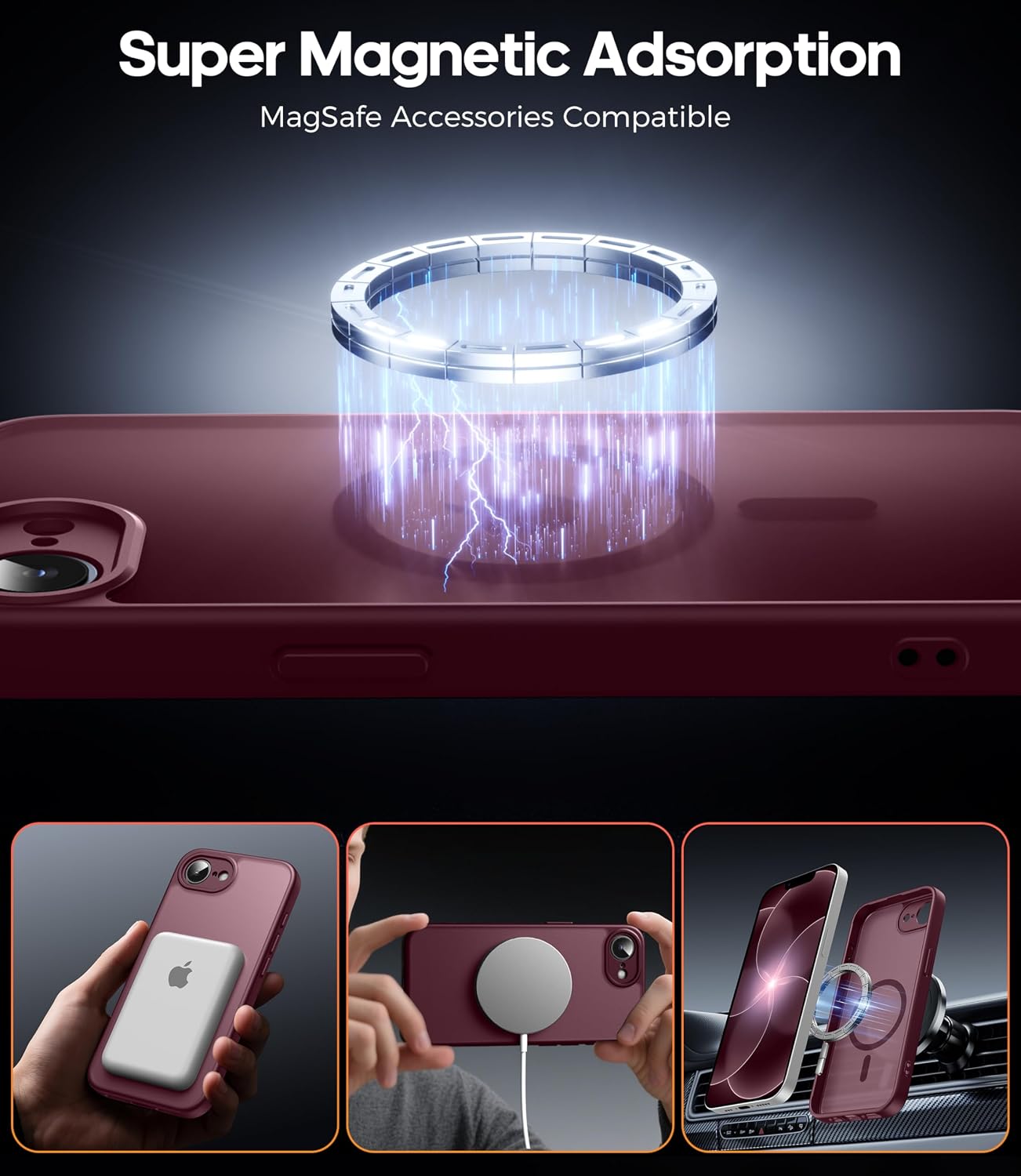 Detalle de Qasyfanc Magnetic Case for iPhone 17e / 16e with 2 Tempered Glass Protectors – Wine Red