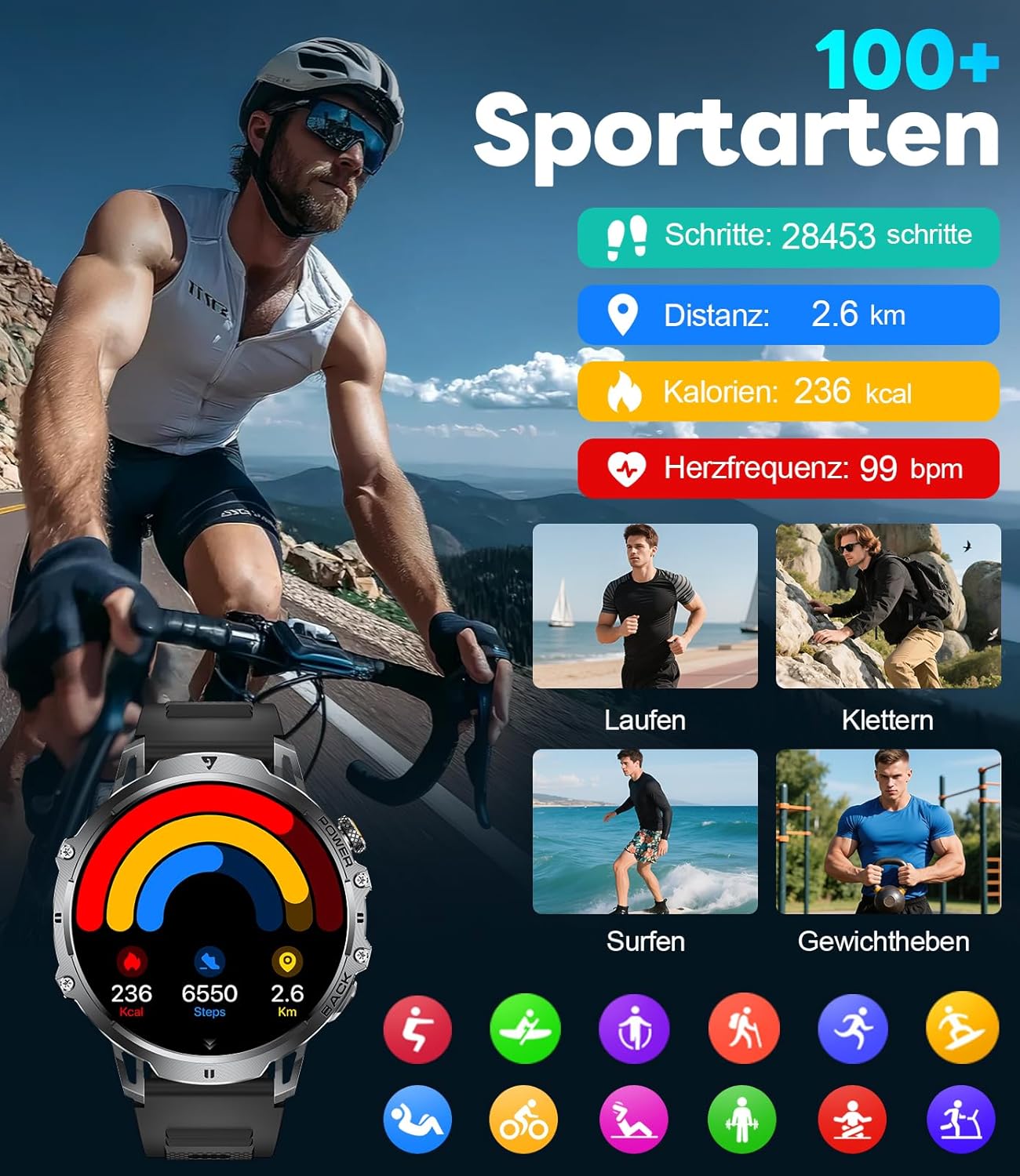 Thumbnail 4 de LIGE Militär Smartwatch Herren 1000 mAh 1,85 Zoll HD Display