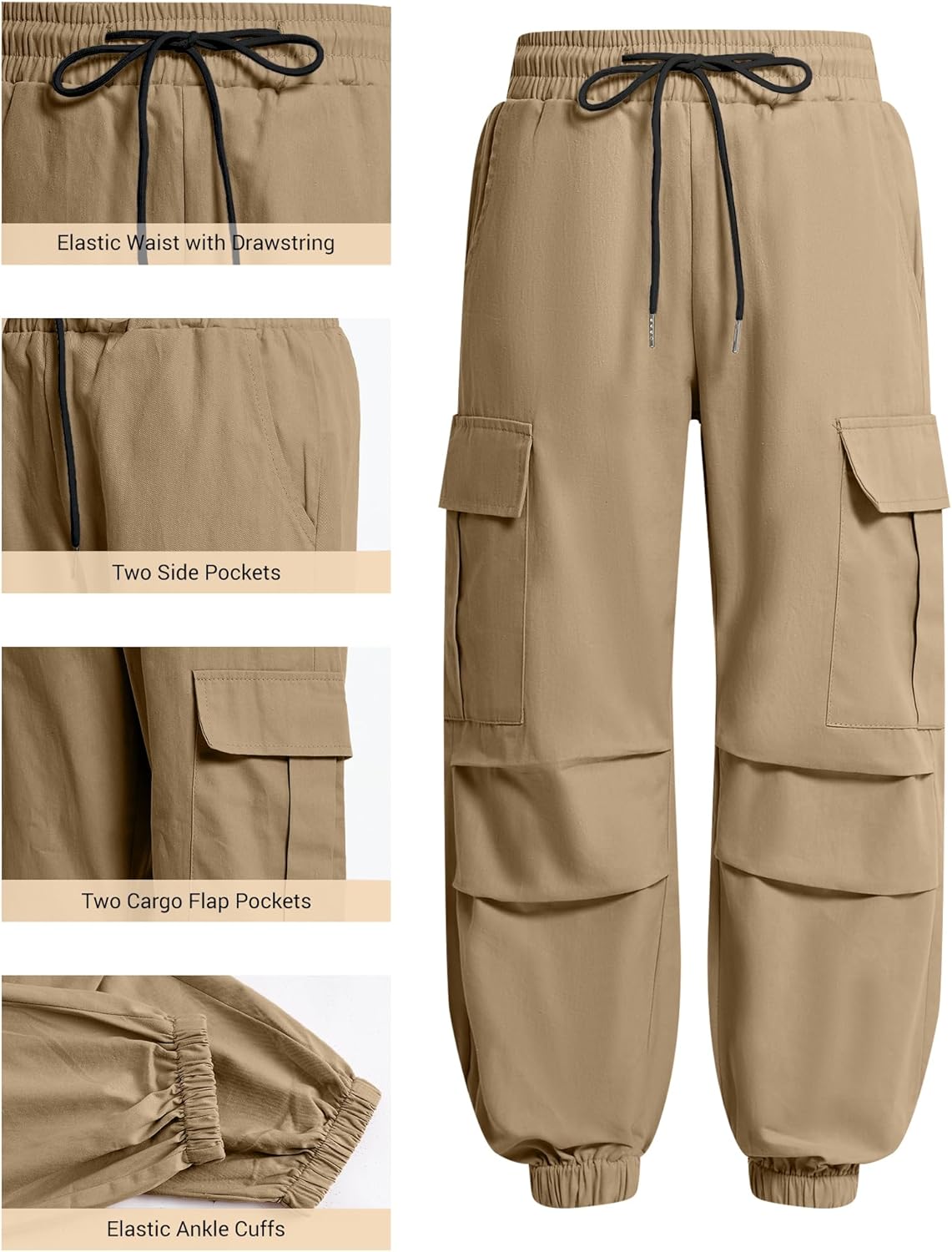 Detalle 2 de JiAmy Girls Cargo Trousers with Elastic Waist – Casual Baggy Parachute Pants for 5–14 Years