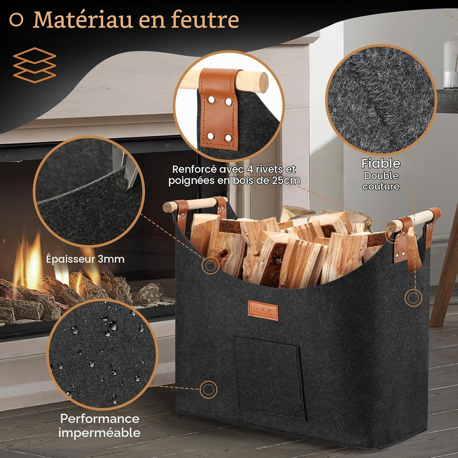 Detalle 2 de Ezilif EZ60L XL-houtmand van vilt, 60 liter, met houten handgrepen