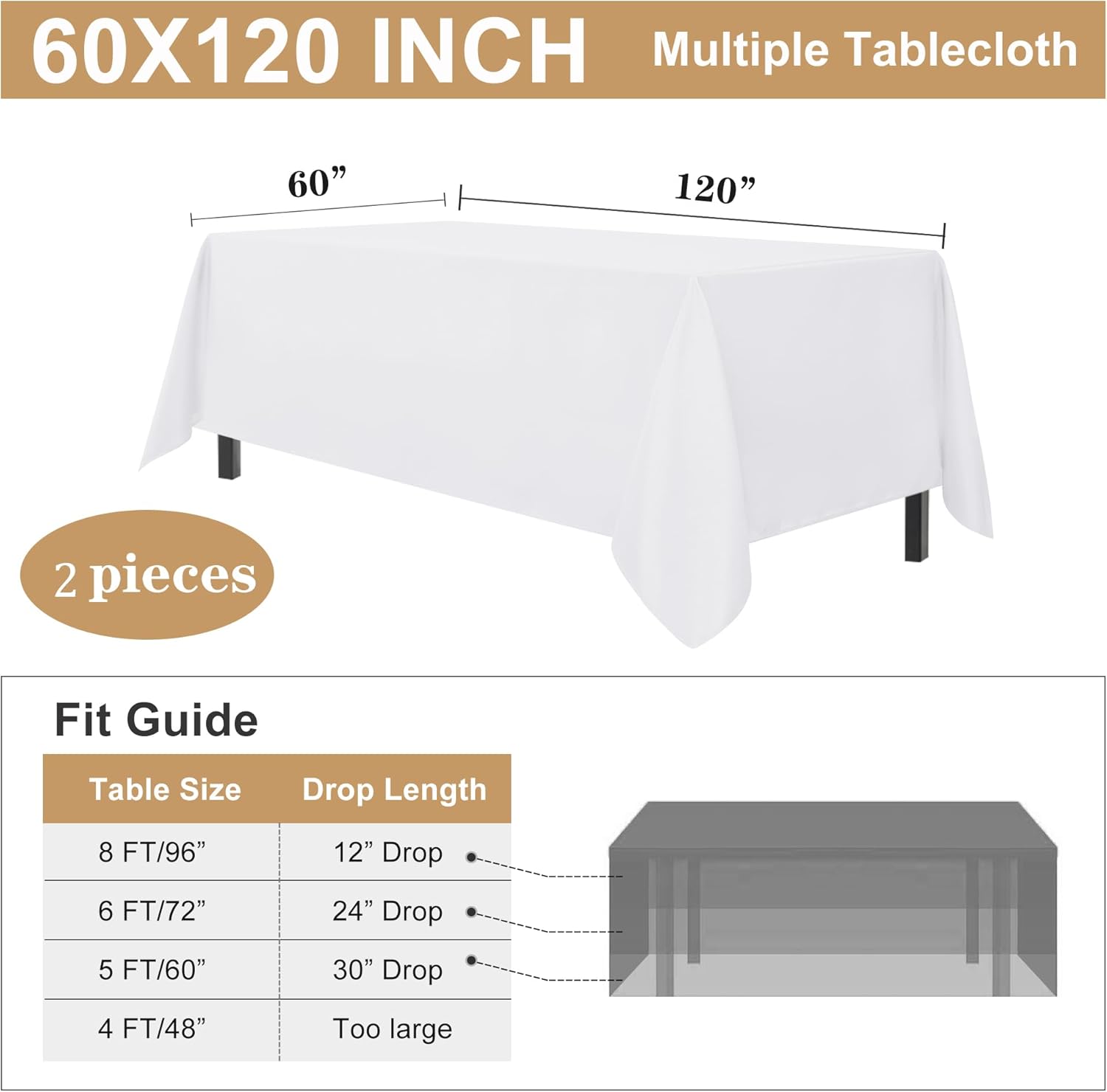 Thumbnail 6 de sancua 2-Pack White Tablecloth (60 x 120 Inch) for Rectangle 8-Foot Tables