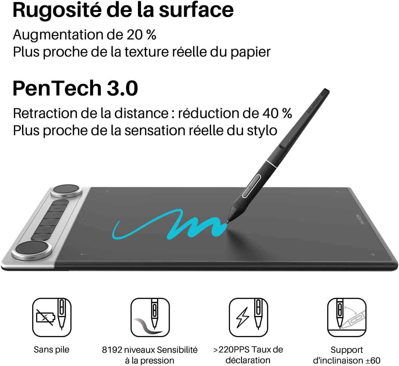 Detalle de HUION Inspiroy Dial 2 : tablette graphique Bluetooth 5.0 compacte avec double roulette