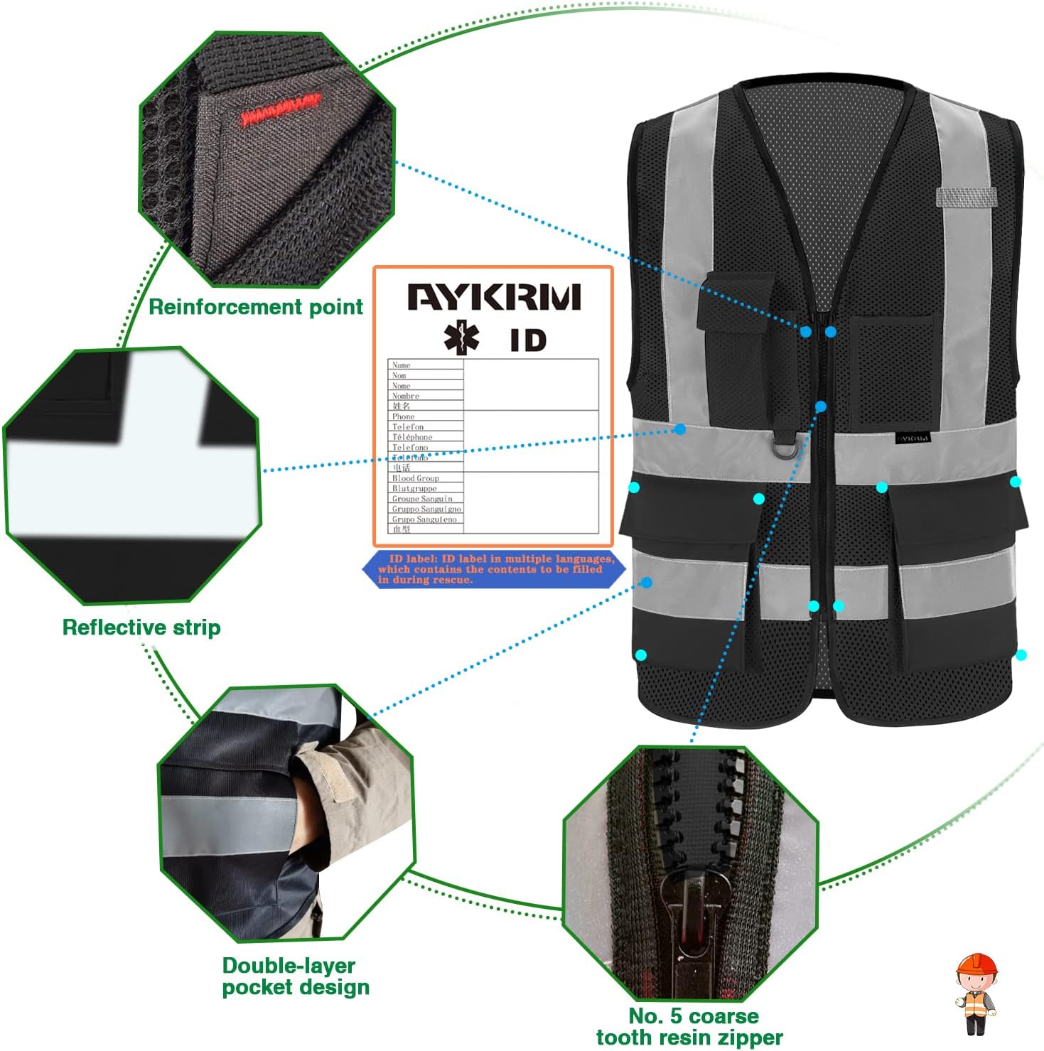 Thumbnail 1 de AYKRM Gilet de sécurité réfléchissant Noir Haute Visibilité – Mesh avant, bandes réfléchissantes