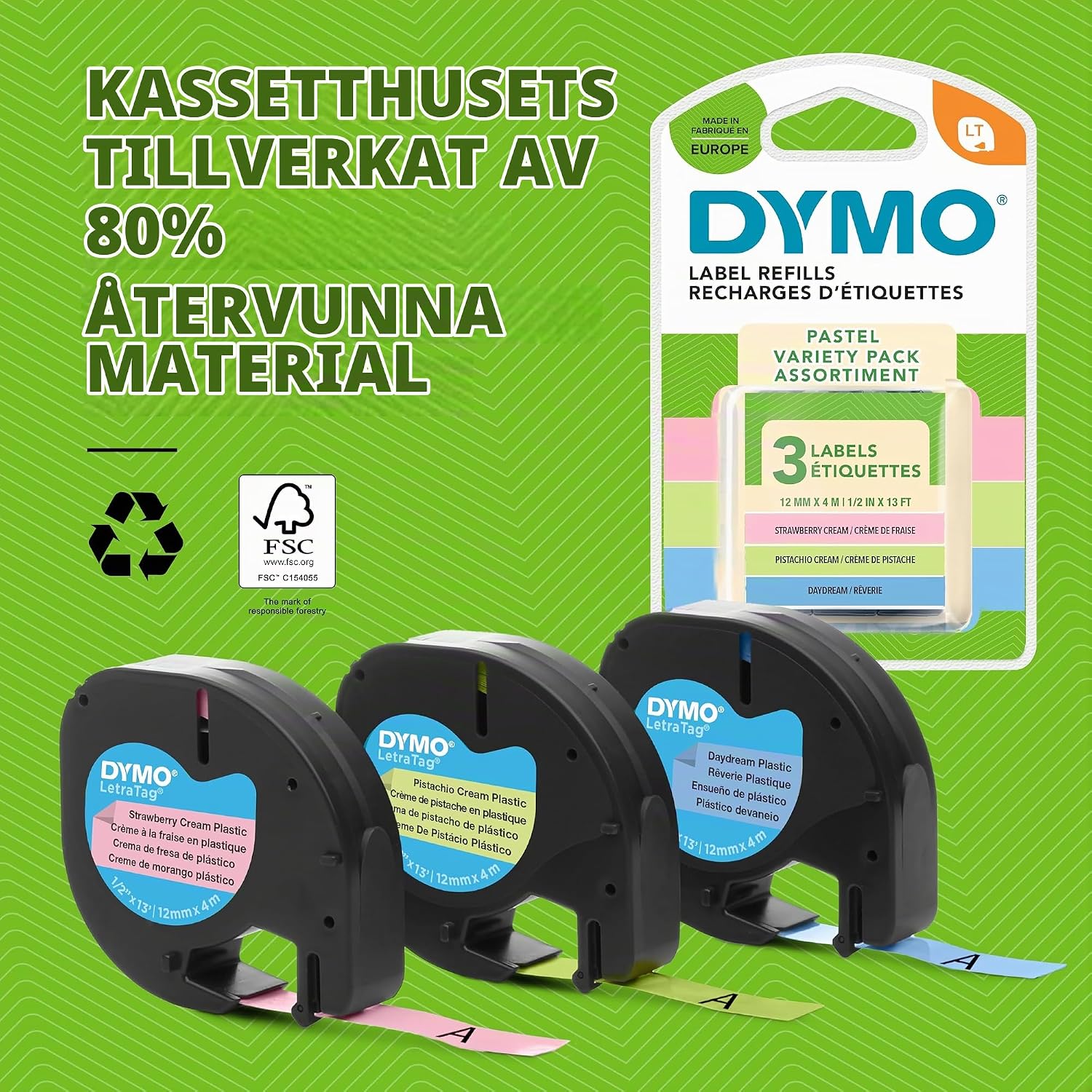 Detalle 2 de DYMO LetraTag plastetiketter, 12 mm × 4 m i tre pastellfärger
