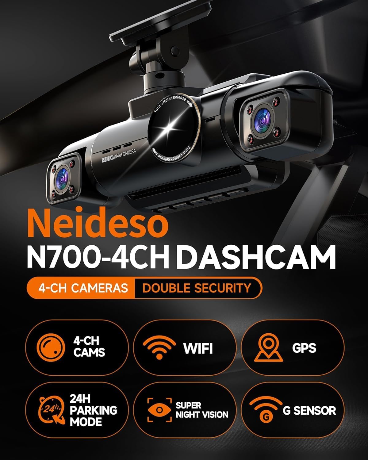 Detalle de Neideso N700 4-Channel Dash Cam: 360° Coverage, 3K Front + 3×1080P & 5GHz WiFi