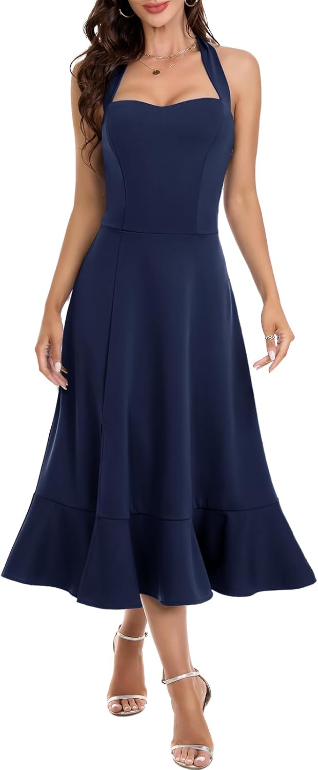 Thumbnail 5 de DRESSTELLS Women's Halter Cocktail Dress – Halter Neck Lace, Ruffle Layers & Split Hem