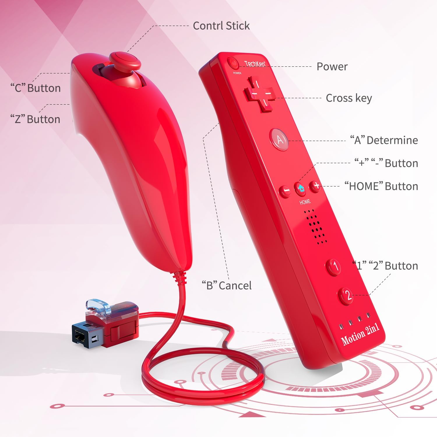 Detalle 2 de 2 Sets Wii Remote Controllers with Built-in Motion Plus and Nunchuck (Red/Blue) – Replacement Bundle