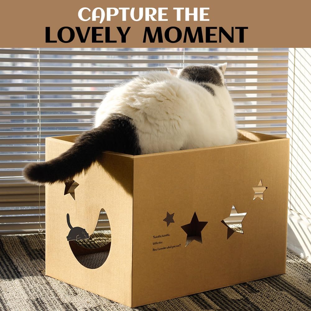 Detalle de ARGOPET Cat Cardboard House with 2 Scratching Pads: a cosy, double-storey hideaway and scratcher for indoor cats