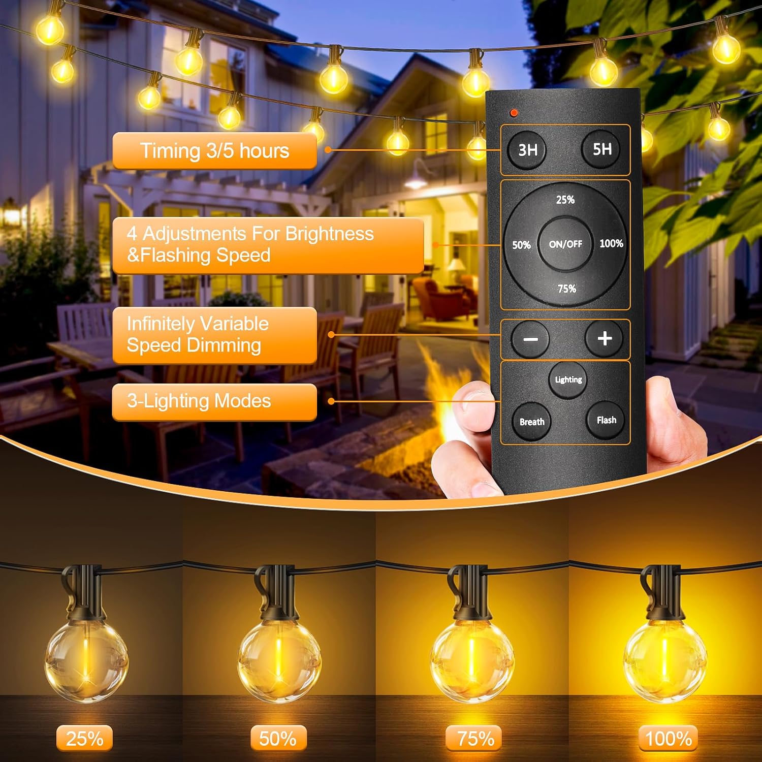 Thumbnail 3 de Outdoor String Lights Mains Powered - G40 Garden Festoon Lights 60m, 72 Shatterproof LED Bulbs with Remote, 3 Modes, Timers & Dimmable