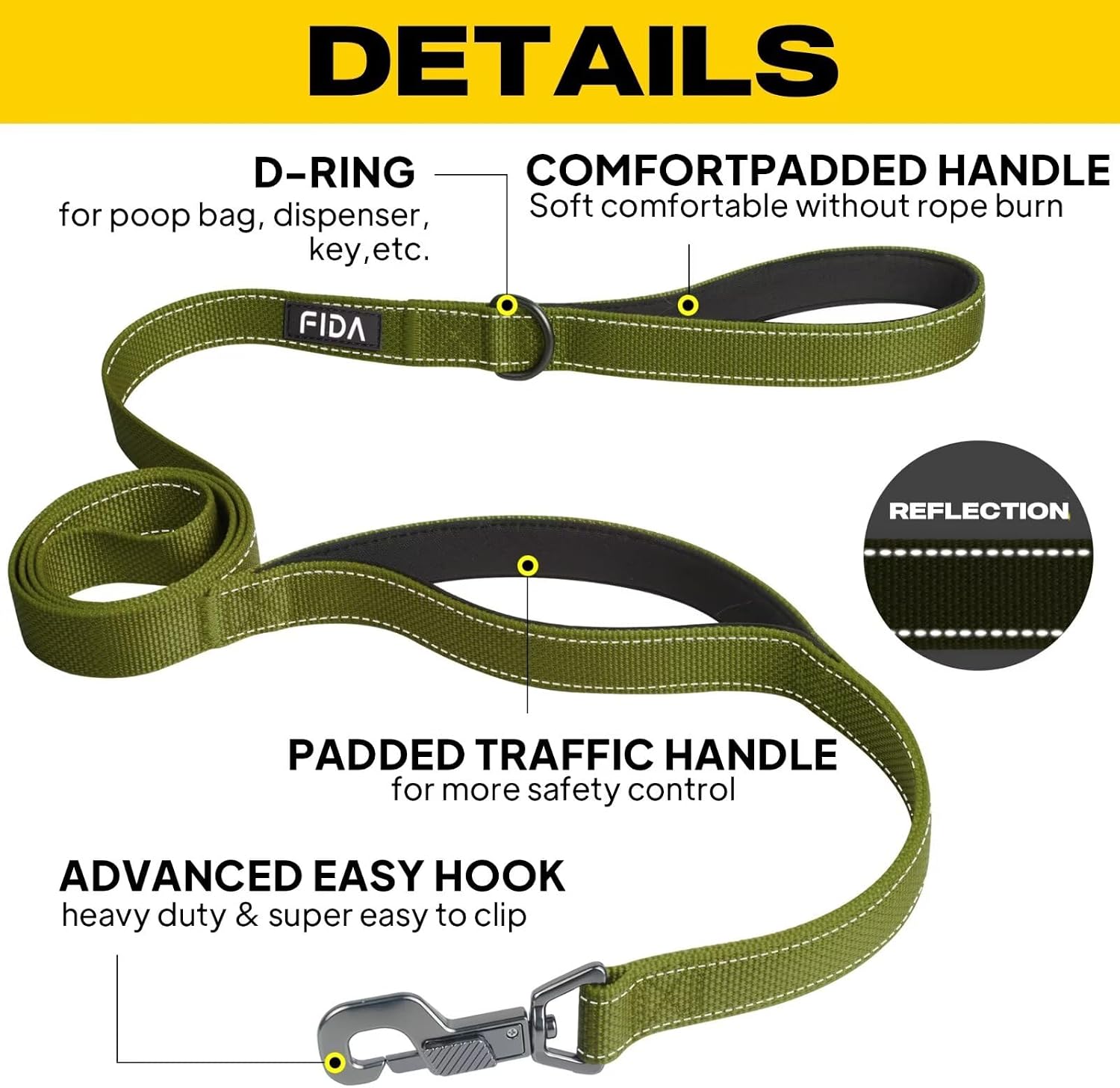 Detalle de Fida Heavy Duty Dog Lead for Medium/Large Dogs (1.2M) – Traffic Handle, Reflective, Double‑Handled Design