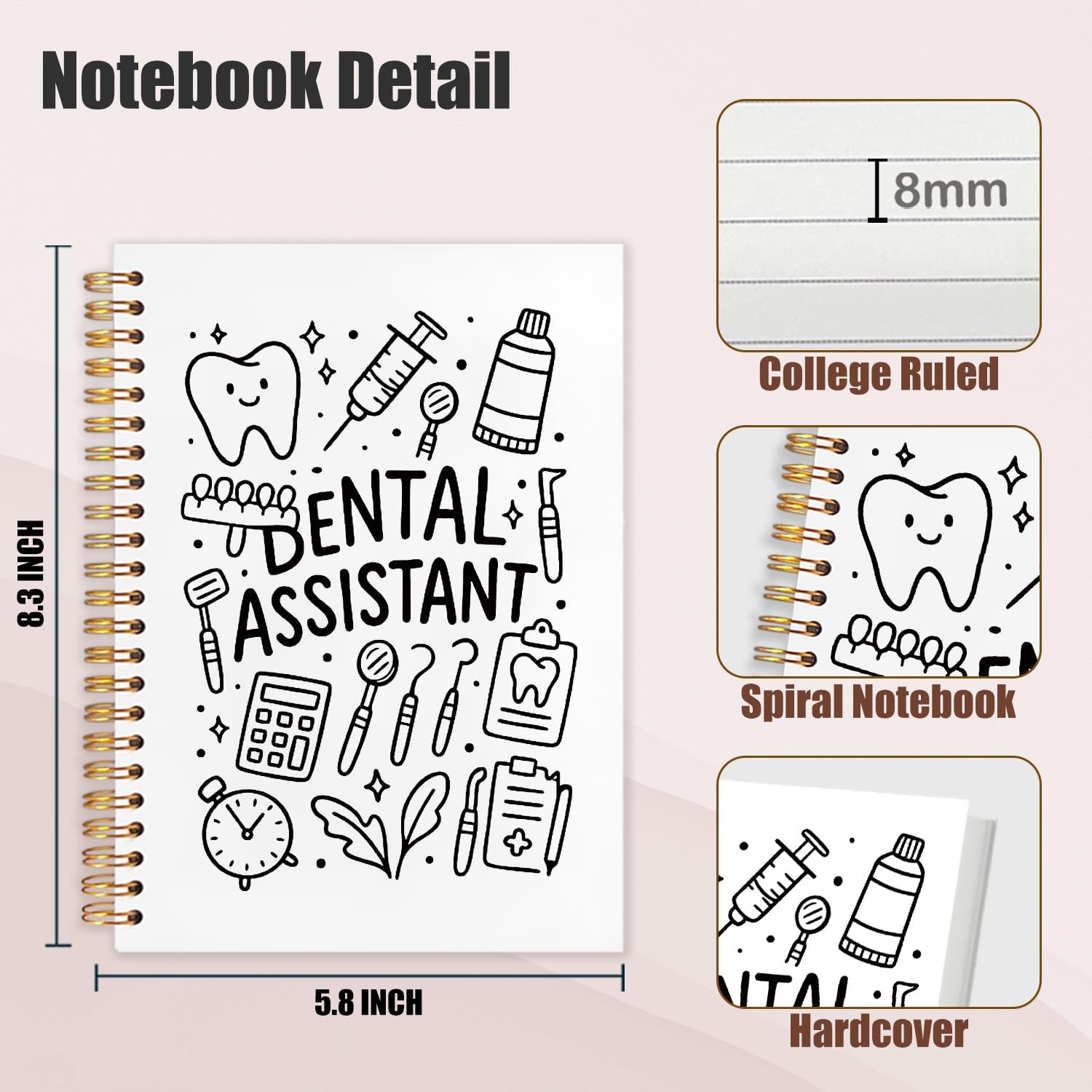 Detalle 2 de OHDCE Black Dental Spiral Notebook, 5.5 x 8.3 Inch Hardcover, 80 Pages