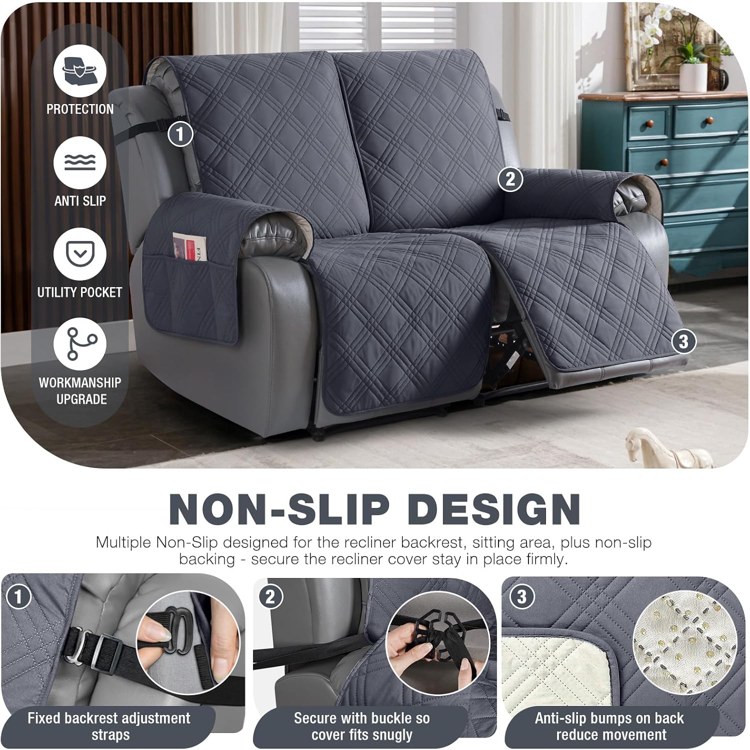 Detalle 1 de TAOCOCO JS-CA-MRS-2ST-BG-1 Waterproof 2-Seater Recliner Cover, Dark Grey