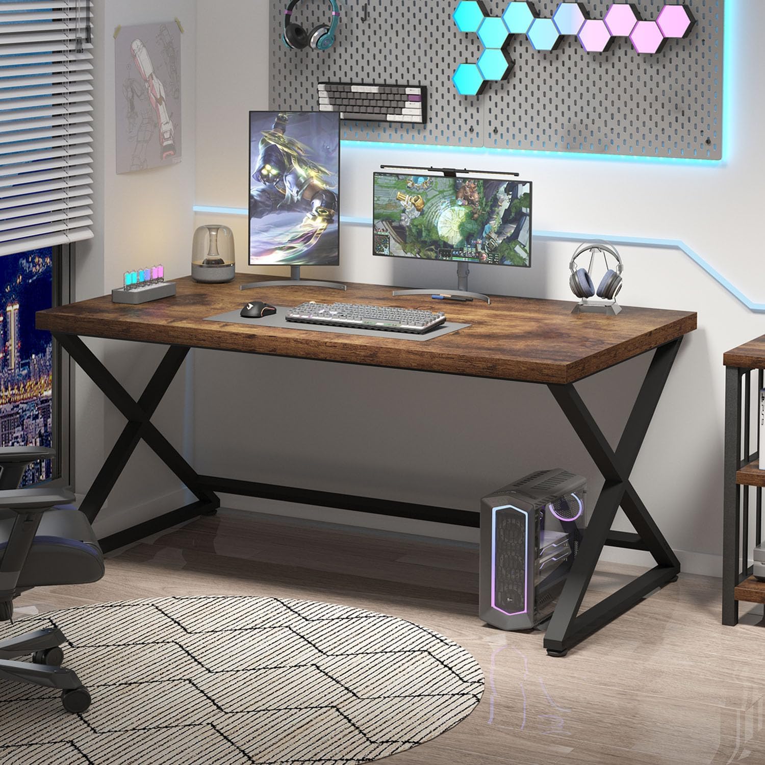 Thumbnail 4 de IBF scrivania industriale per PC da 55 pollici (marrone rustico) con gambe in legno e metallo